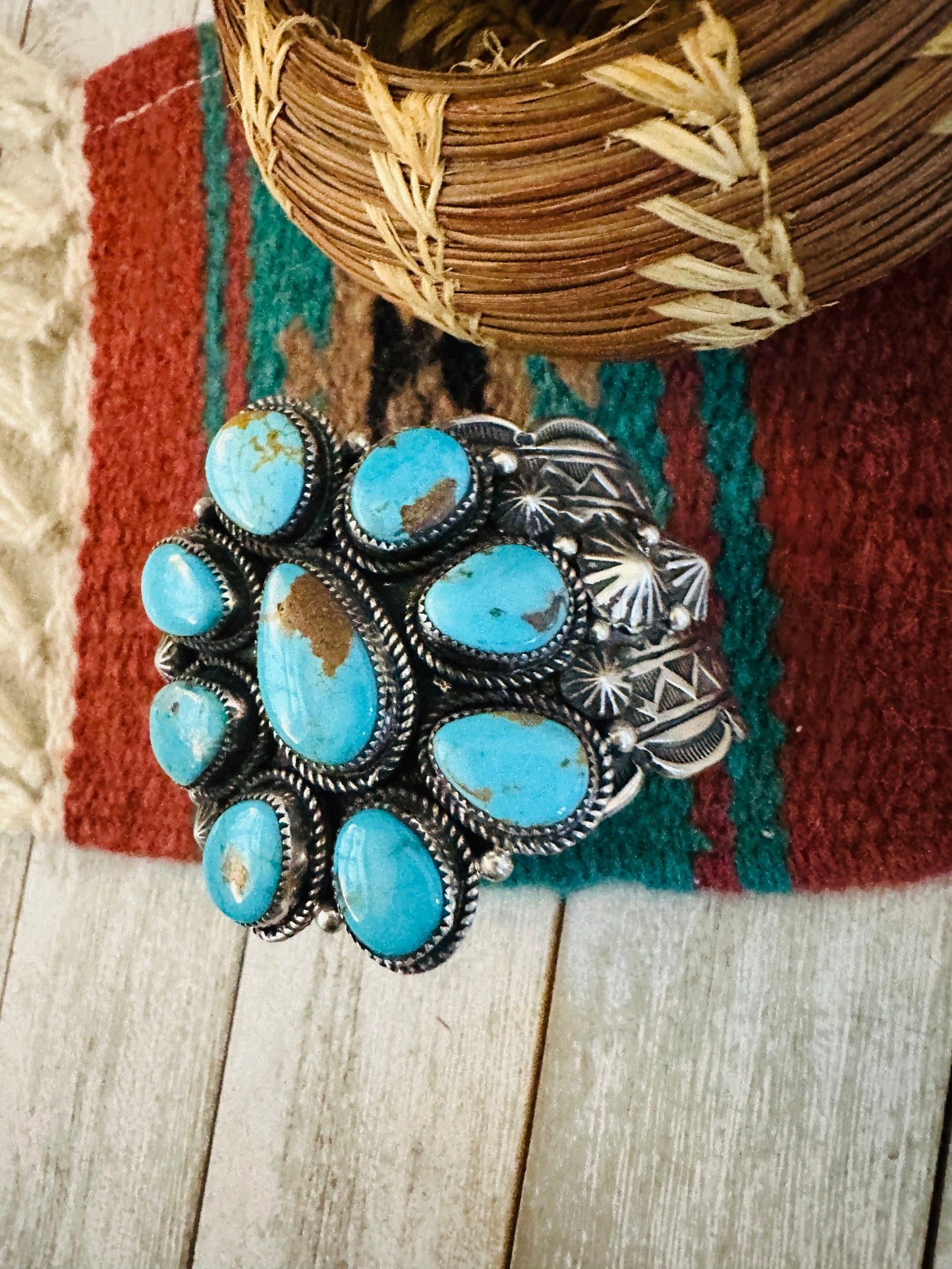 Kingman Turquoise & Sterling Silver Cluster Cuff Bracelet /