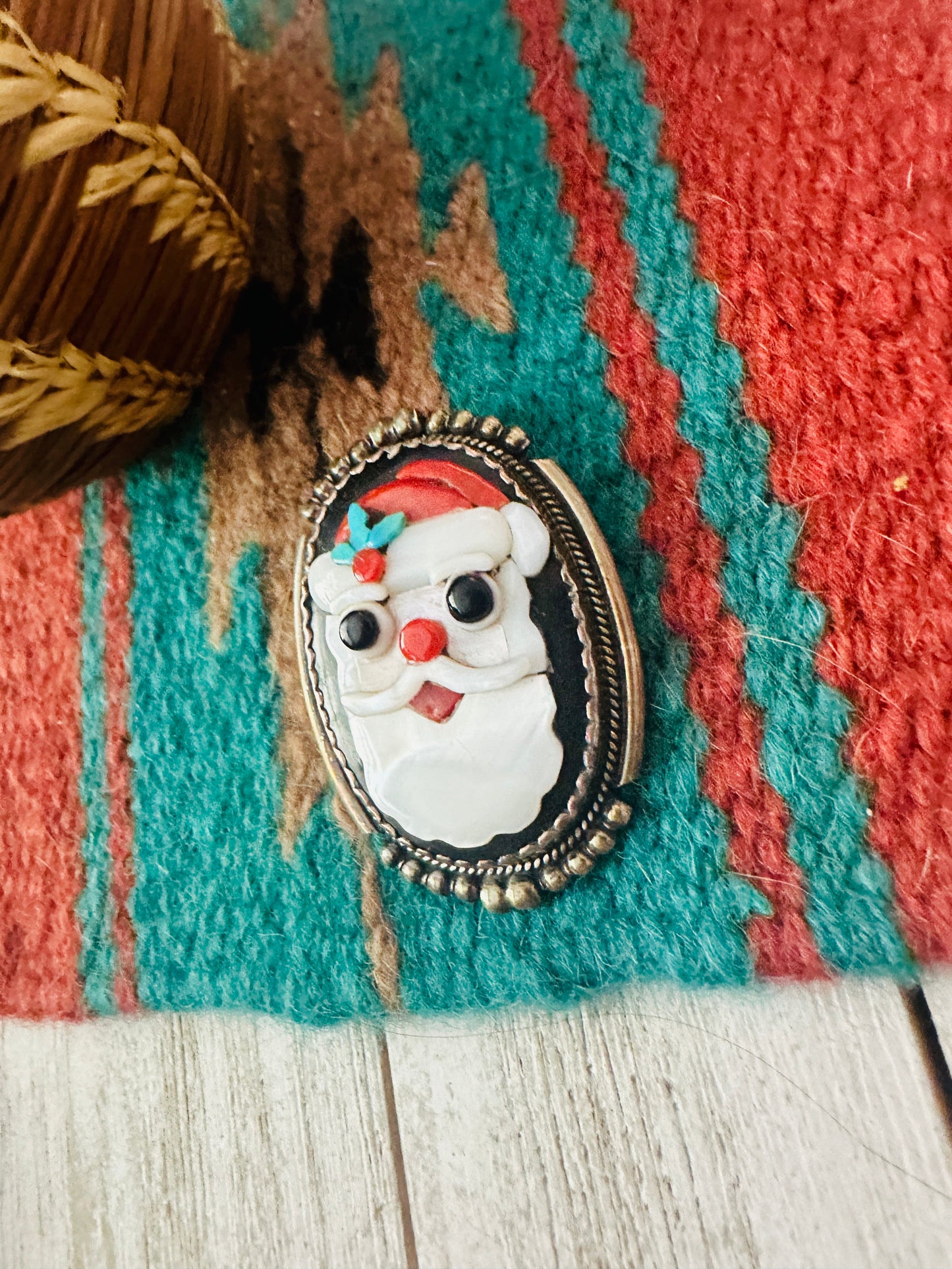 Vintage Handcrafted Multi Stone & Sterling Silver Inlay Santa Clause Brooch
