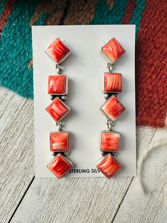 Handcrafted Orange Spiny and Sterling Silver Dangle Earrings