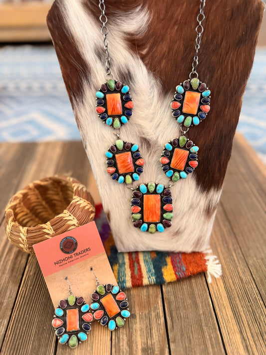 Handcrafted Spiny Oyster, Turquoise & Sterling Silver Necklace and Earring Set by Ella Peter