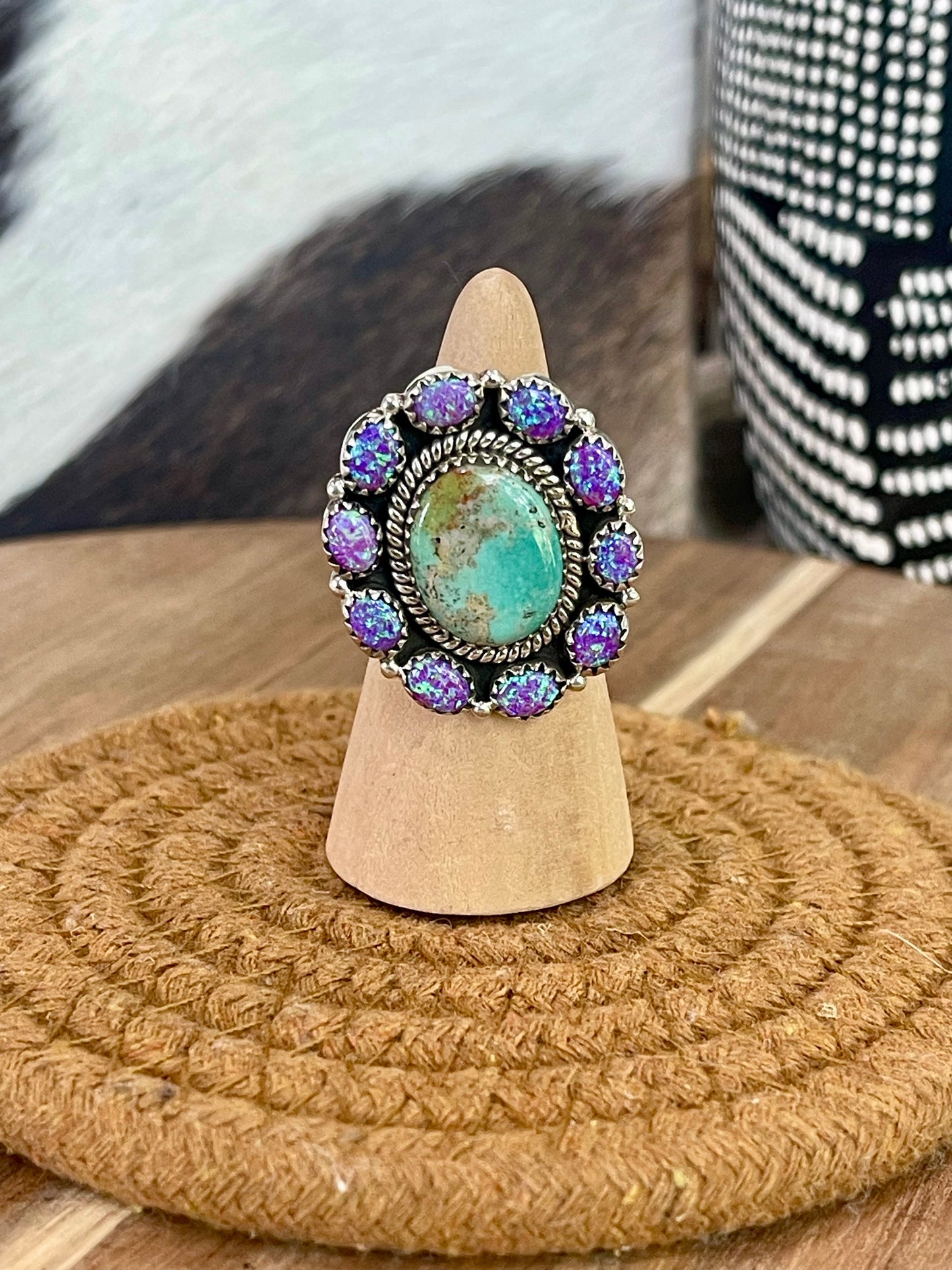 Handmade Sterling Silver, Royston & Purple Fire Opal Adjustable Ring