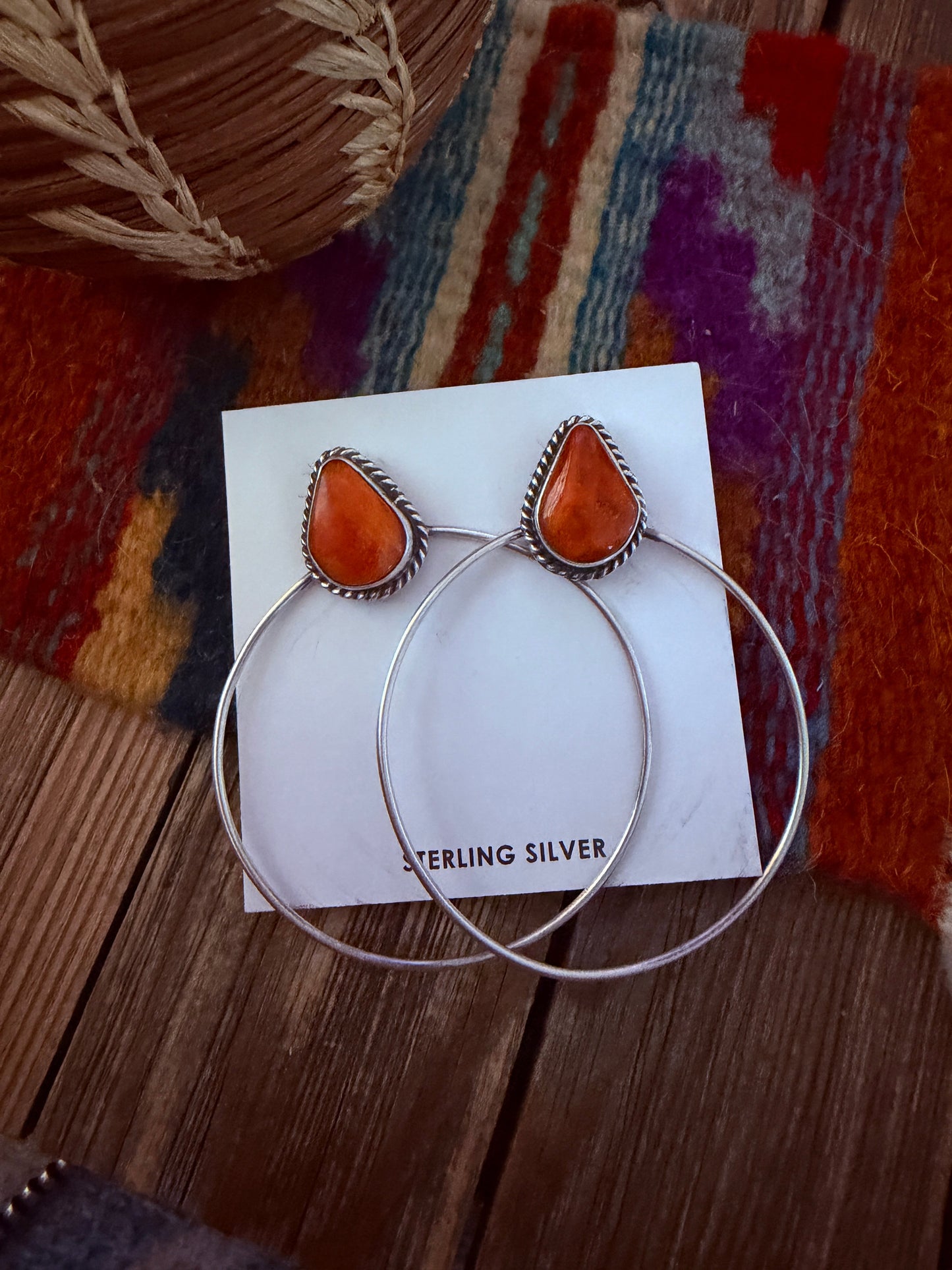 Handcrafted Orange Spiny and Sterling Silver Dangle Hoop Earrings by Elouise Kee