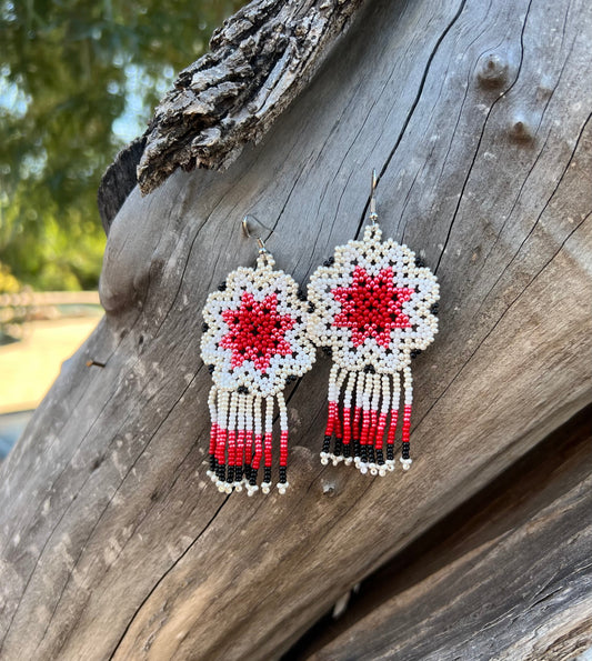 Handmade MultiColor Beaded Dangle Earrings (White, Red, & Black)