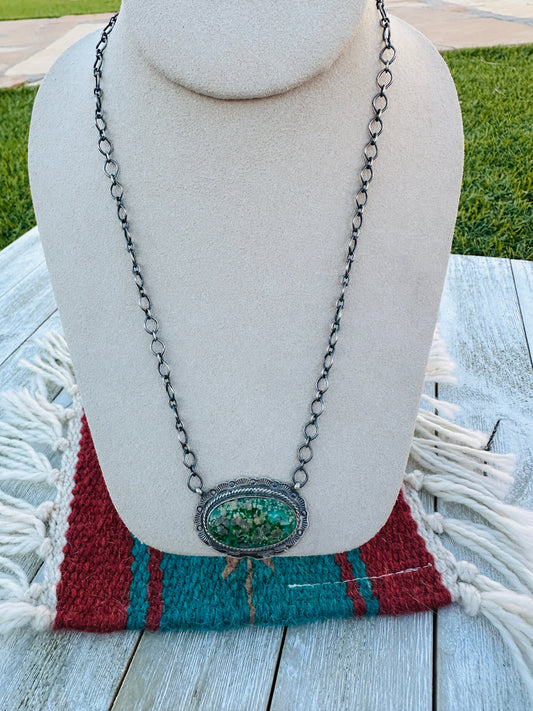 Handcrafted Sterling Silver 18” Link Chain & Turquoise Necklace