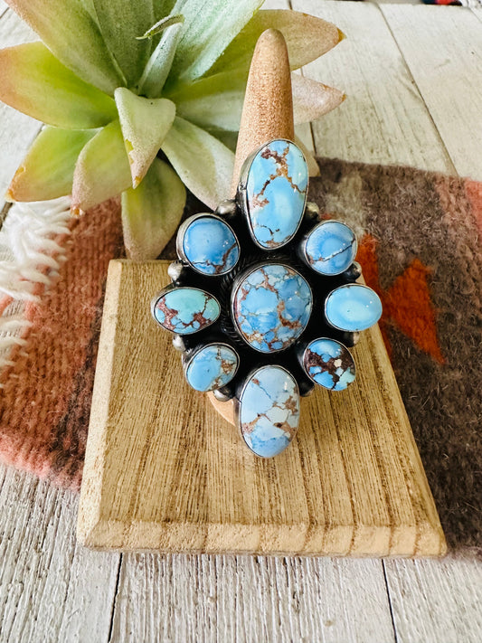 Handcrafted Golden Hills Turquoise & Sterling Silver Cluster Ring Size 8