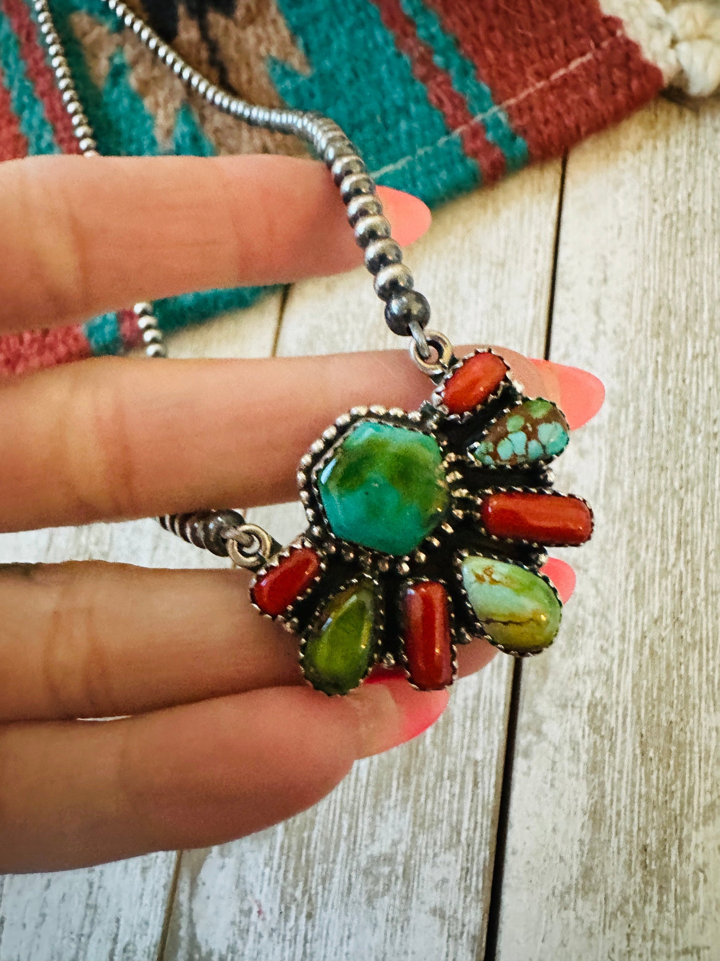 ** Christmas Collection ** Handmade Sterling Silver, Turquoise & Coral Necklace Signed Nizhoni