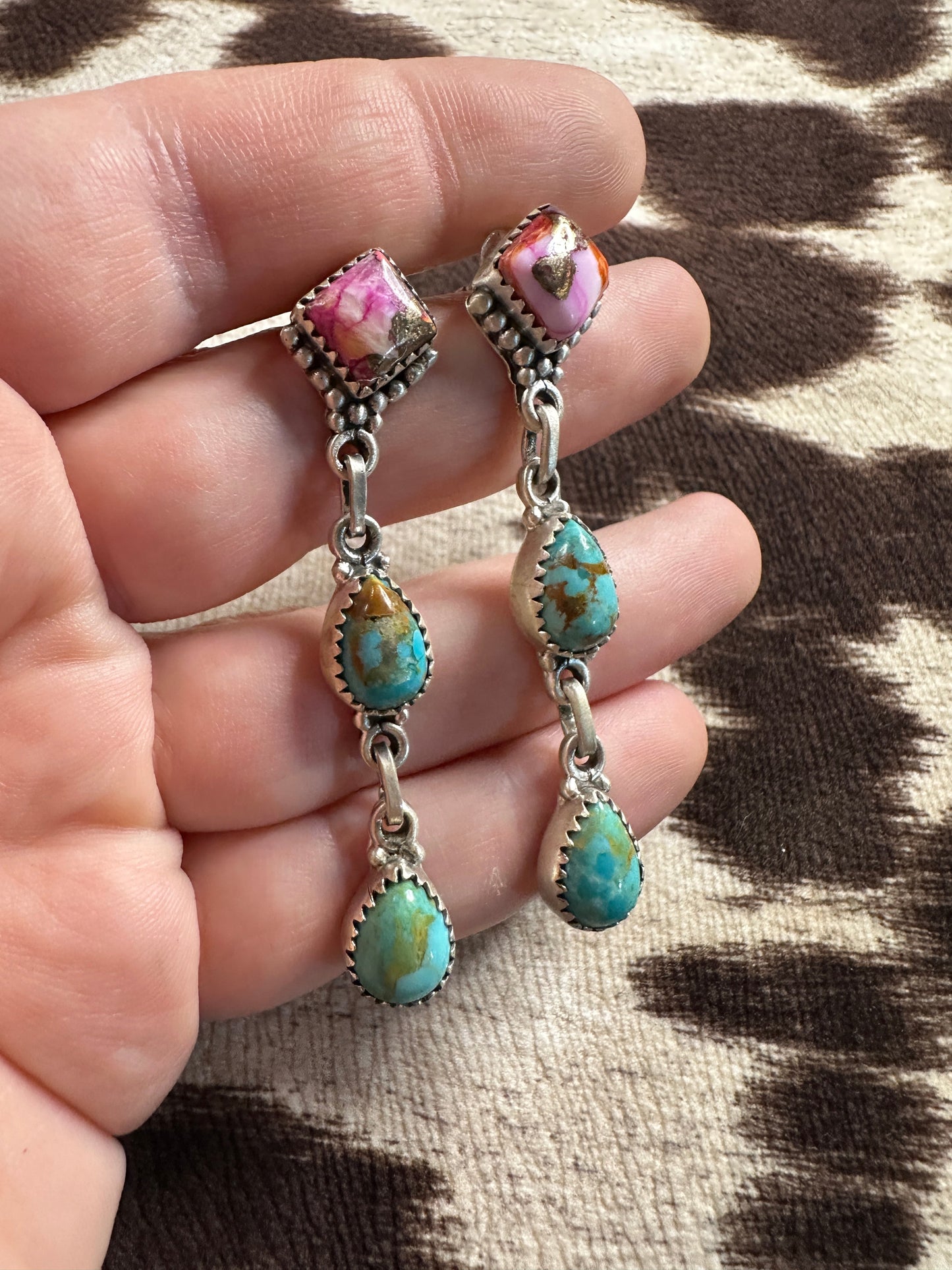 Handmade Sterling Silver, Pink Dream & Turquoise Post Dangle Earrings