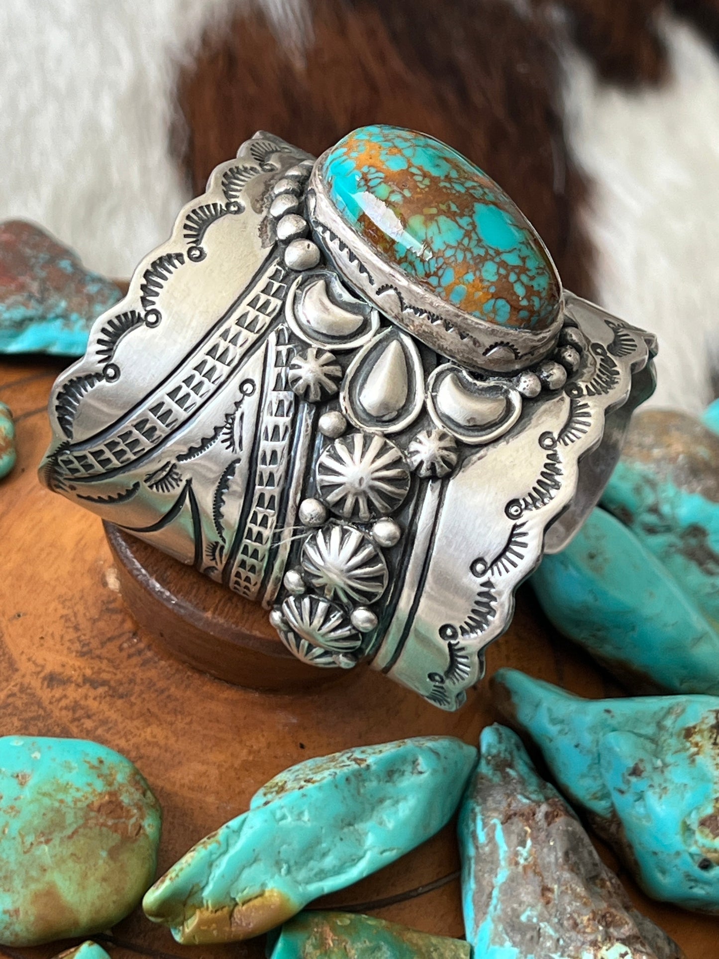 Lorenzo James Hefty Sterling Silver and Kingman Turquoise Hand Stamped Cuff Bracelet