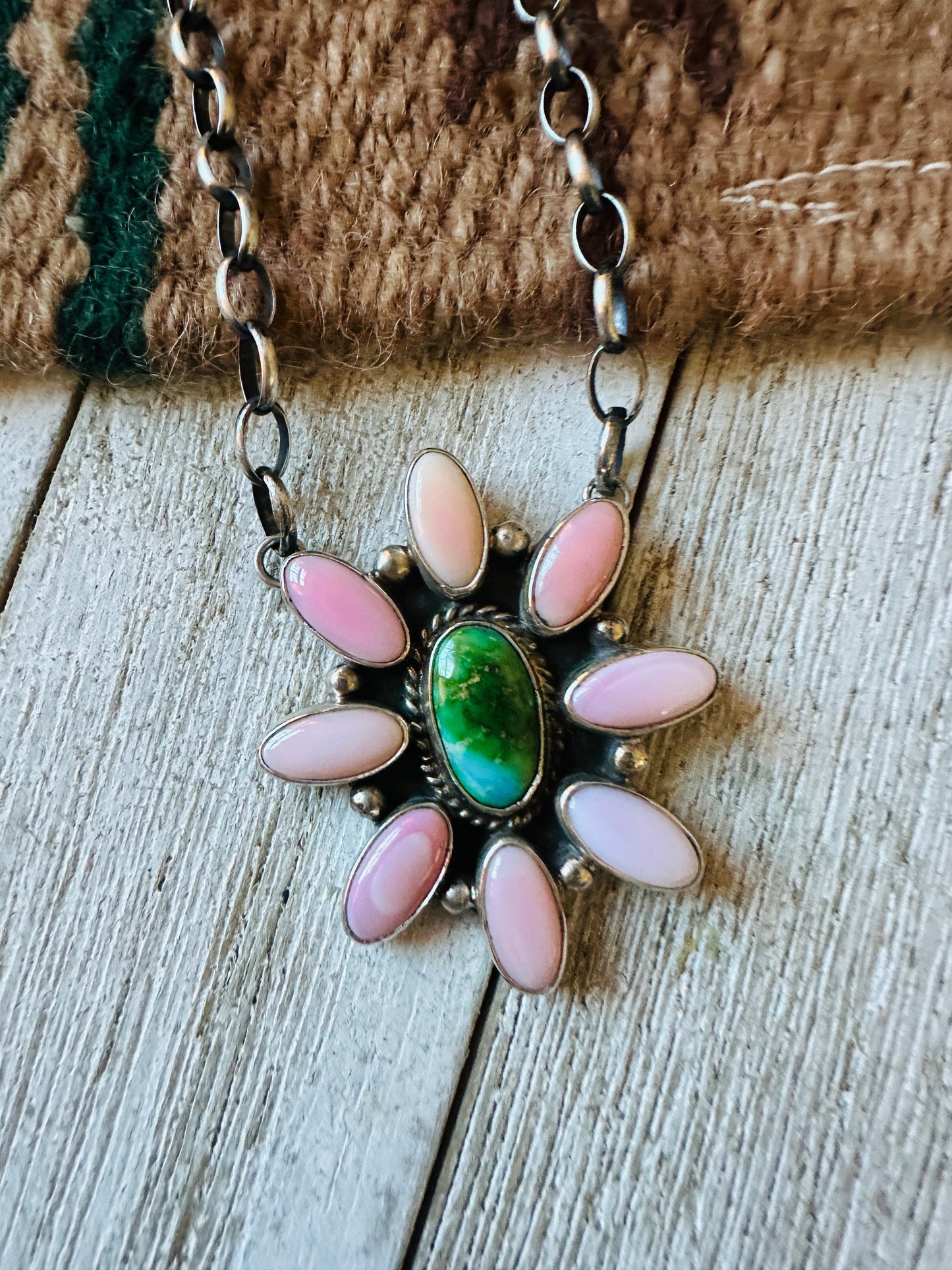 Handcrafted Sterling Silver, Queen Pink Conch Shell & Turquoise Necklace