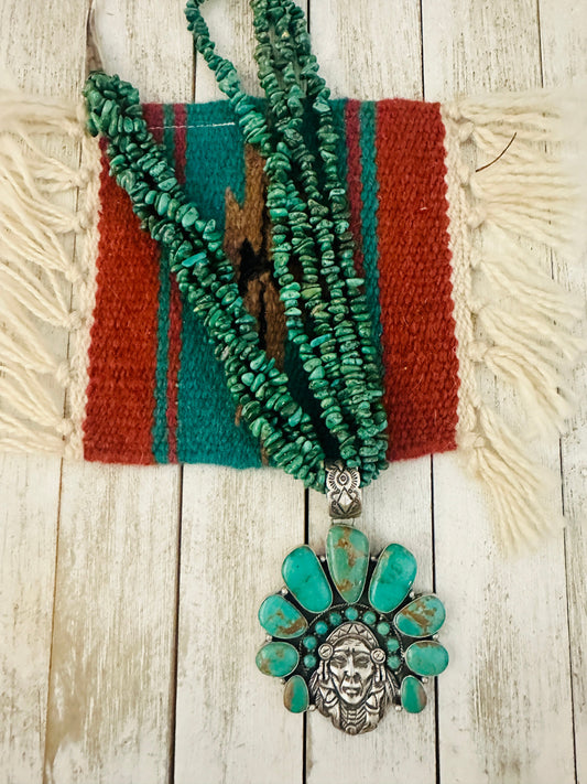Stunning Handcrafted Sterling Silver & Turquoise Indian Chief Beaded Necklace