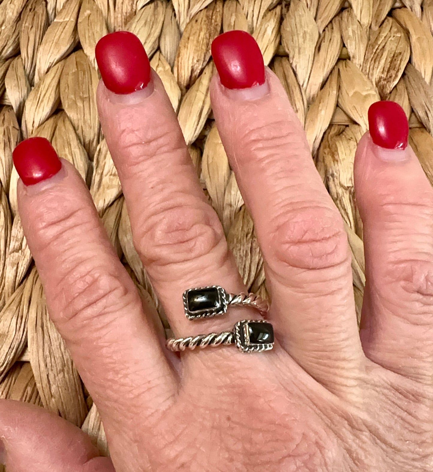 Black Onyx 2 Stone & Sterling Silver Adjustable Ring✅