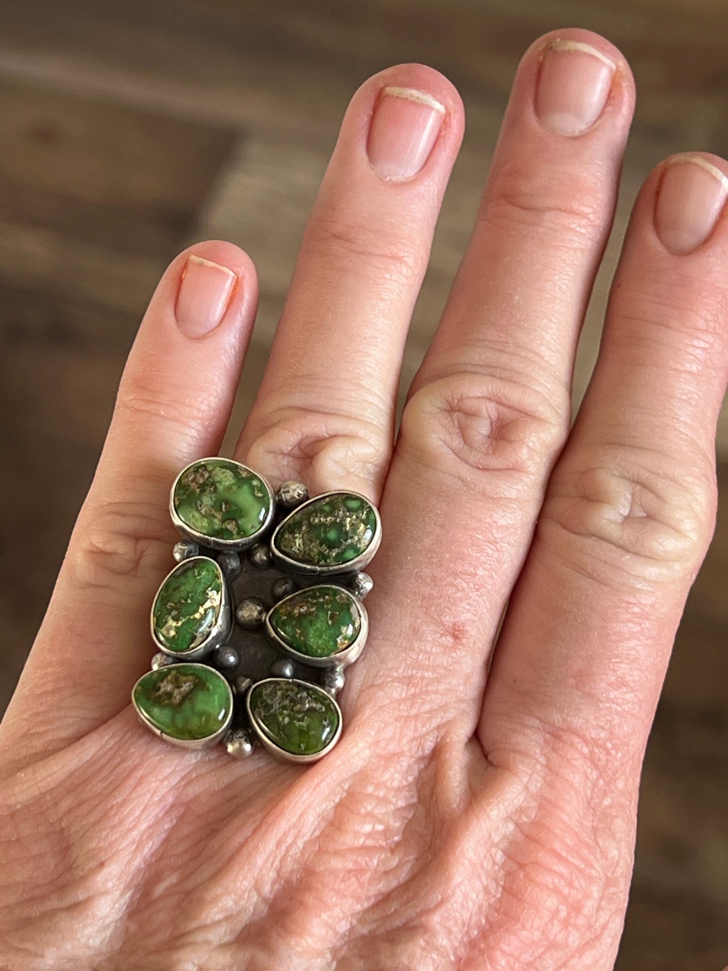 Handcrafted Sterling Silver and Sonoran Gold Turquoise Cluster Rings by Travis Jim, Size 8