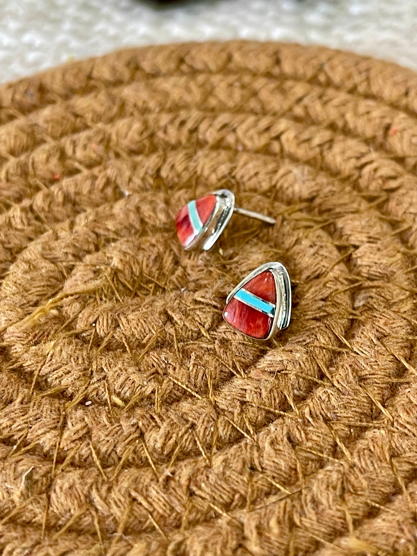 Gorgeous Handmade Sterling Silver, Red Spiny & Turquoise Inlay Stud Earrings
