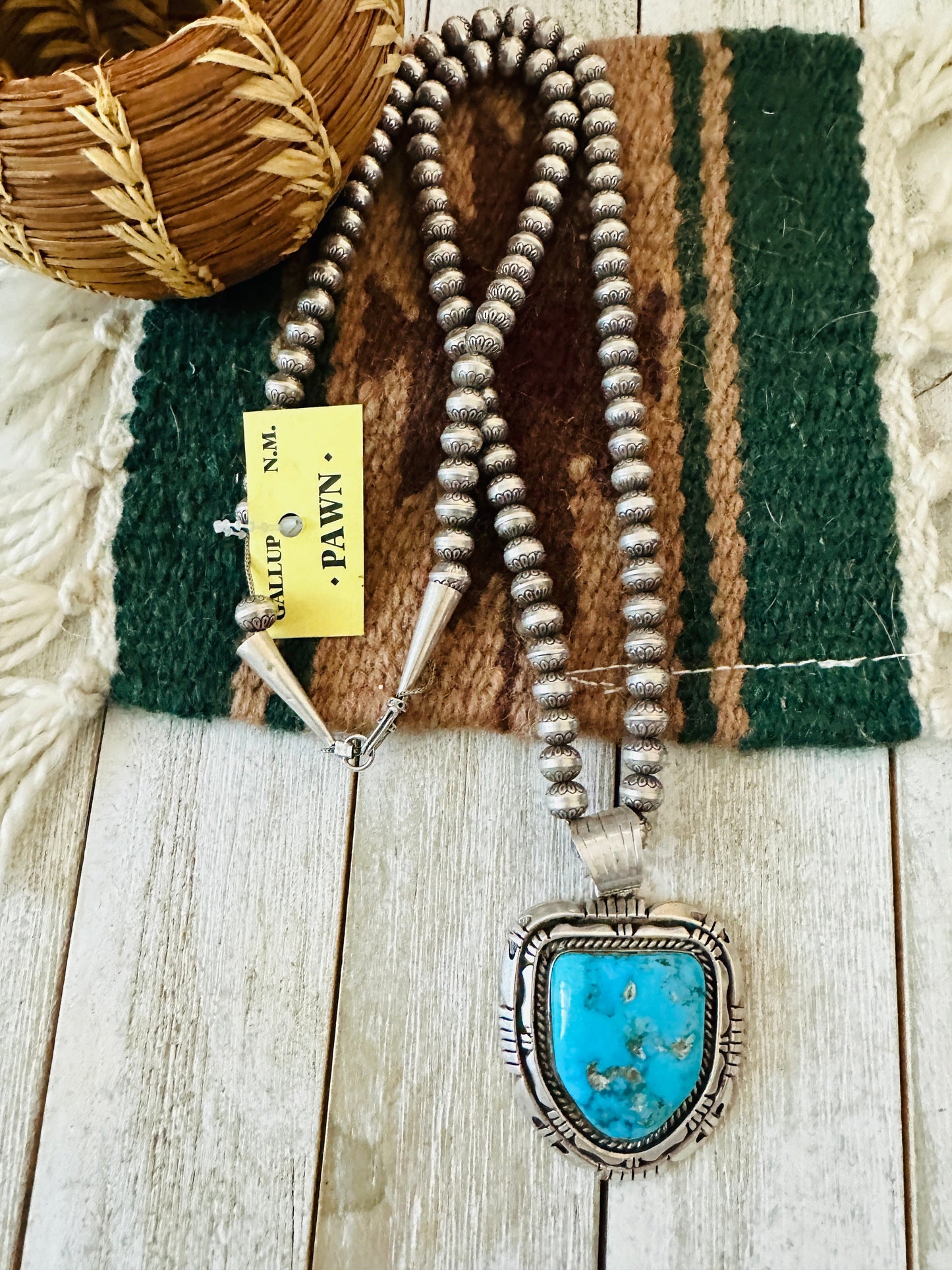 Vintage Old Pawn Sterling Silver Handcrafted Pearl & Turquoise Beaded Necklace