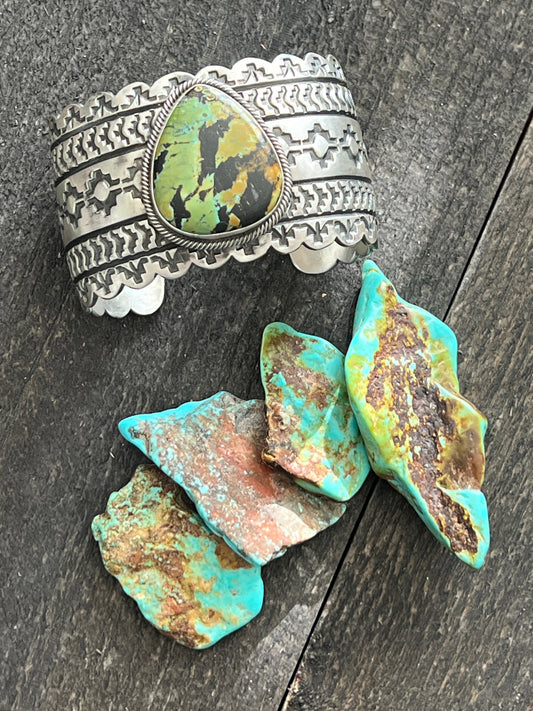 Handcrafted Hand Stamped Sterling Silver and Blackjack Turquoise Cuff Bracelet by Randy Boyd