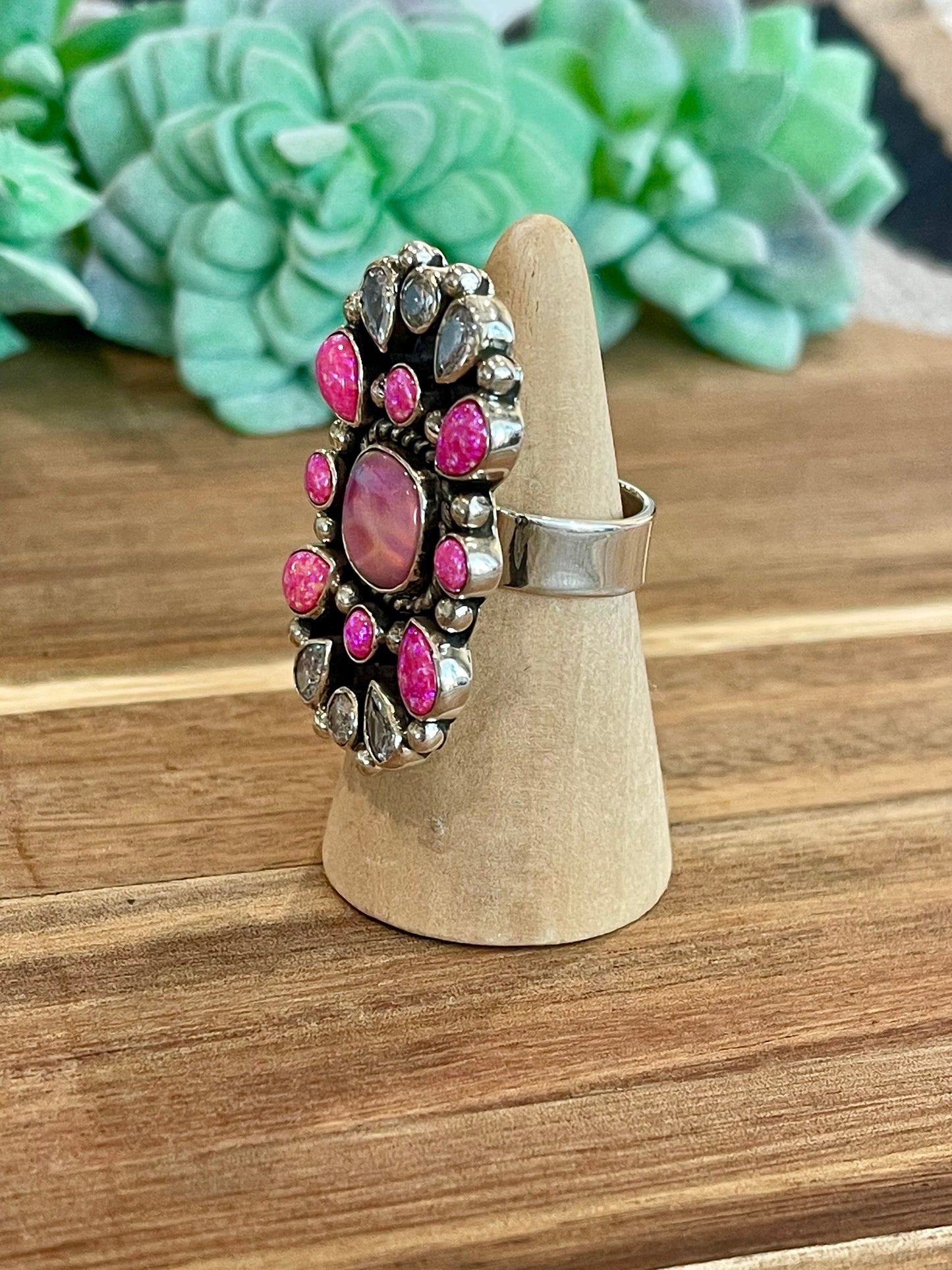 Handmade Pink Fire Opal, Opal, Cubic Zirconia And Sterling Silver Adjustable Ring Signed Nizhoni
