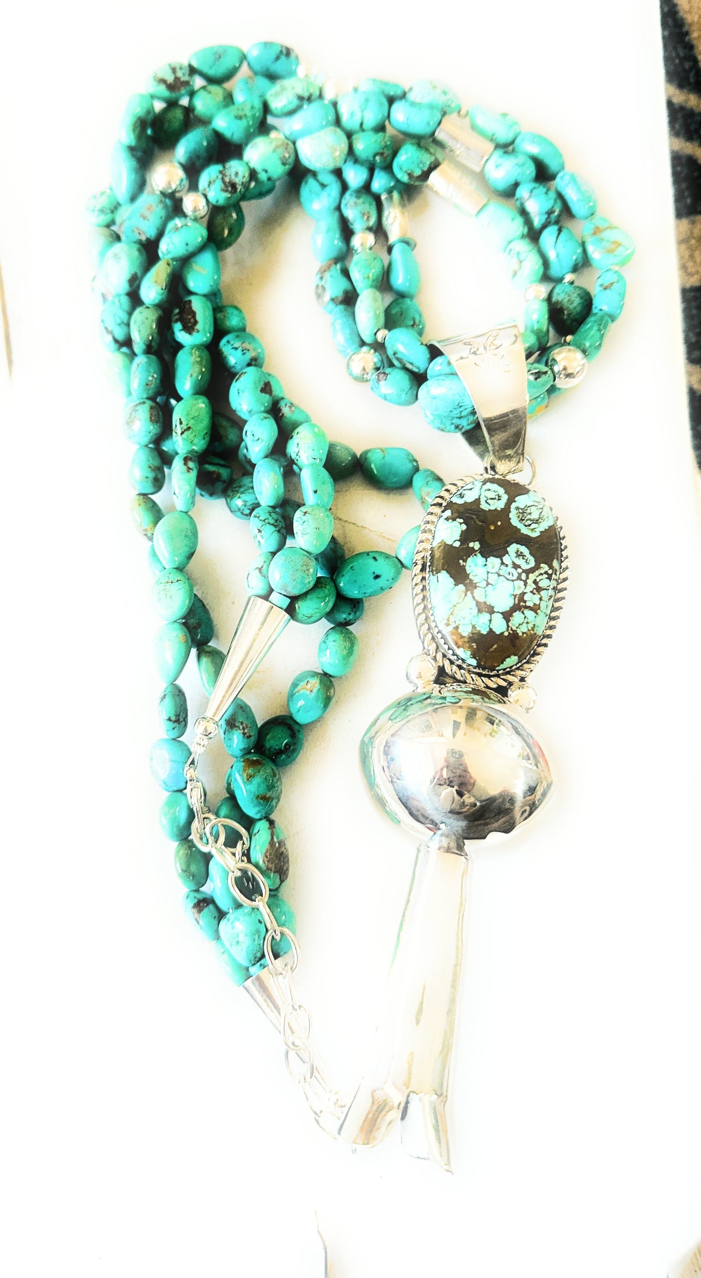 Vintage Old Pawn Handcrafted Turquoise & Sterling Silver Beaded Blossom Necklace