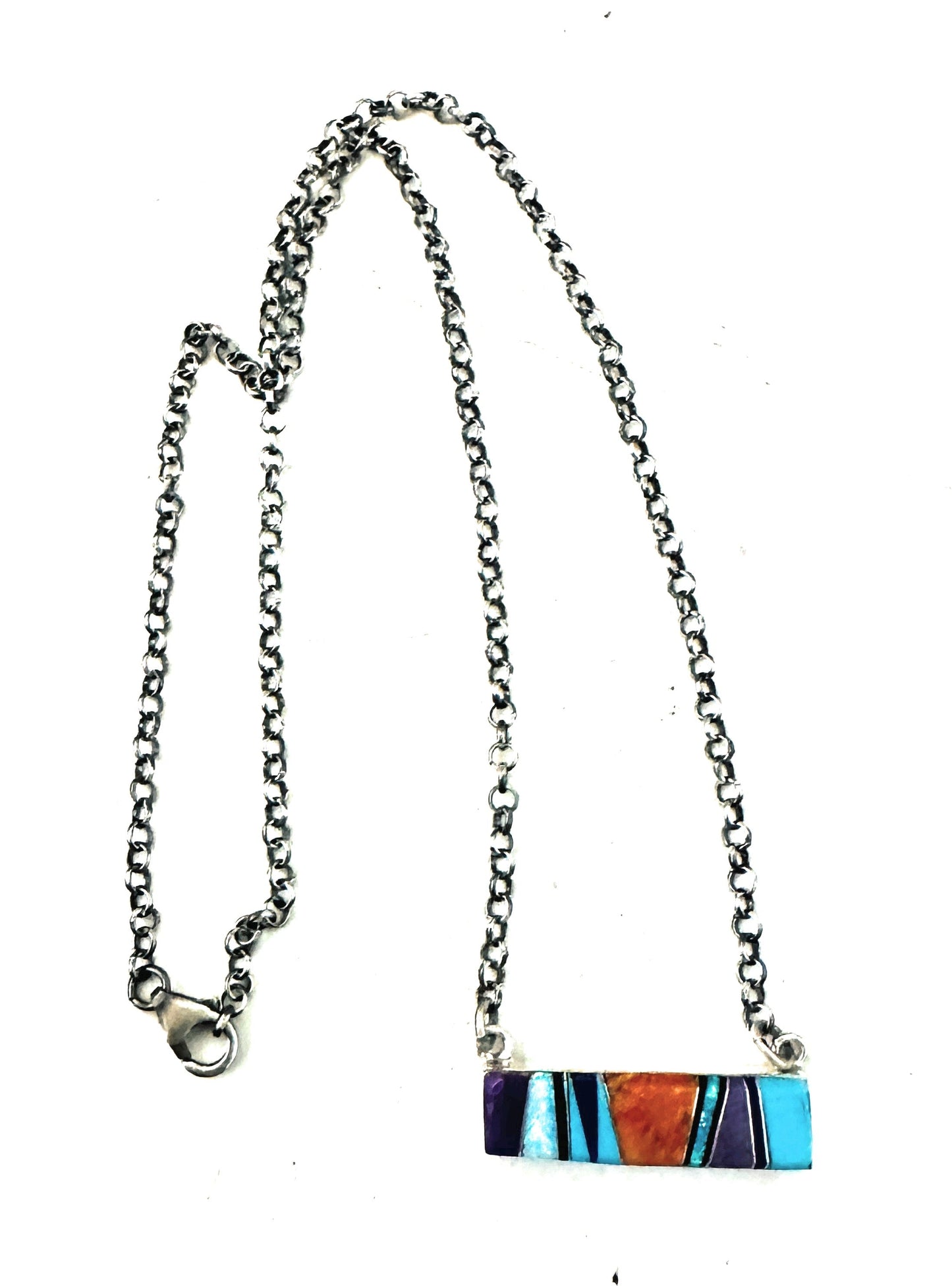 Handcrafted Multi Stone & Sterling Silver Inlay Bar Necklace