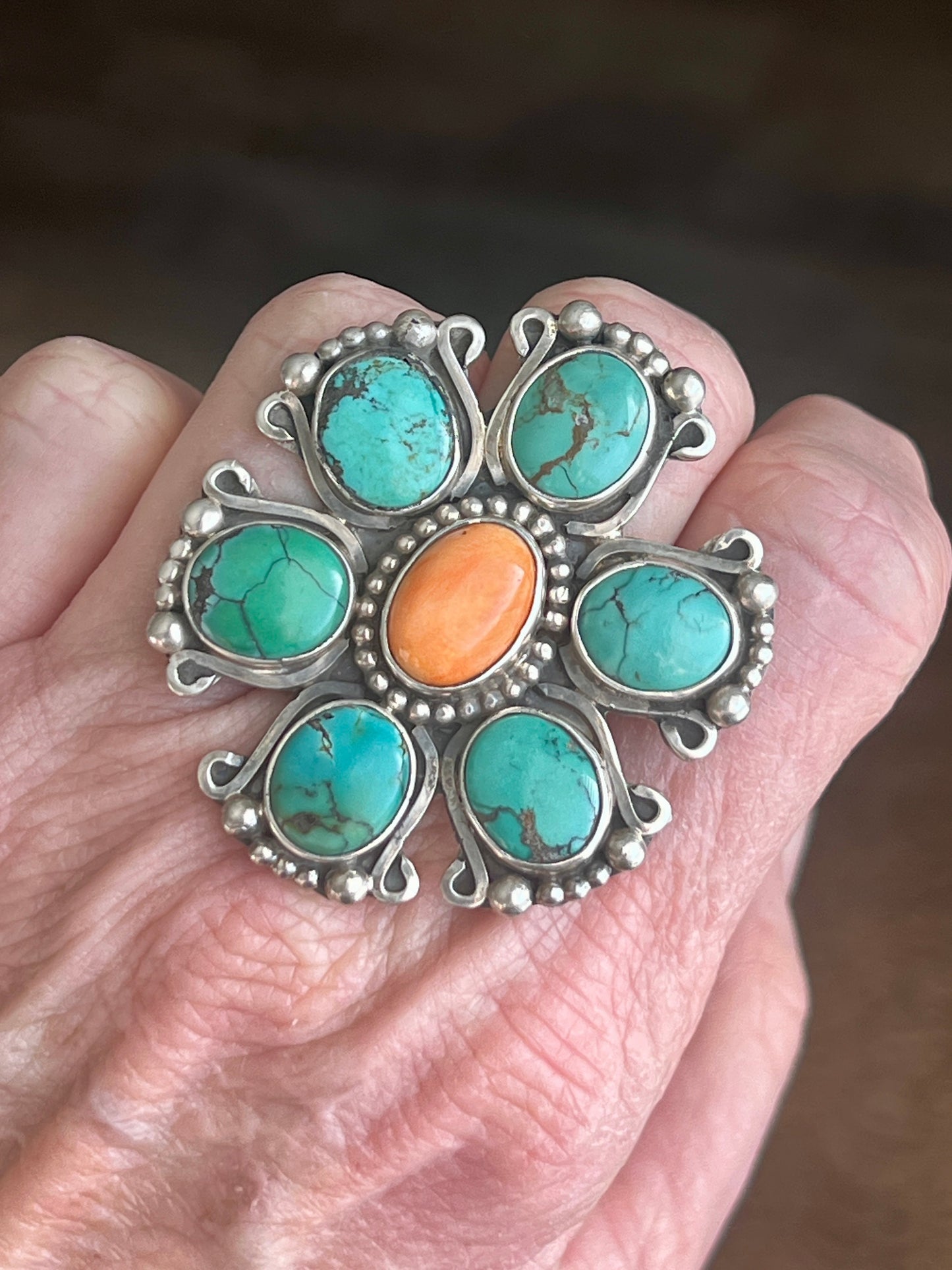 Rosella Paxson Sterling Silver, Hubei Turquoise and Spiny Oyster Shell Cluster Ring