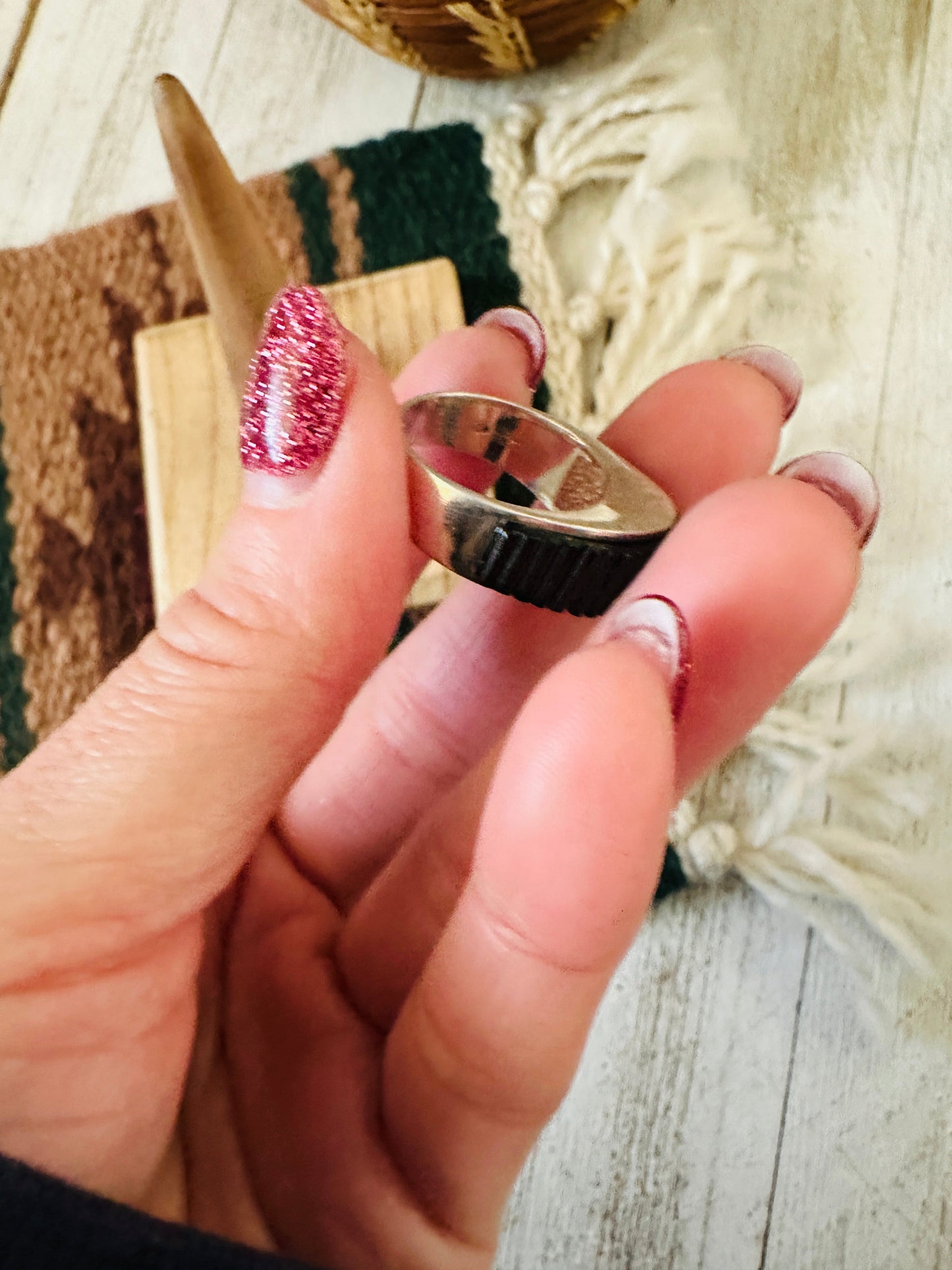Handcrafted Sterling Silver & Onyx Inlay Dome Ring Size 5.75