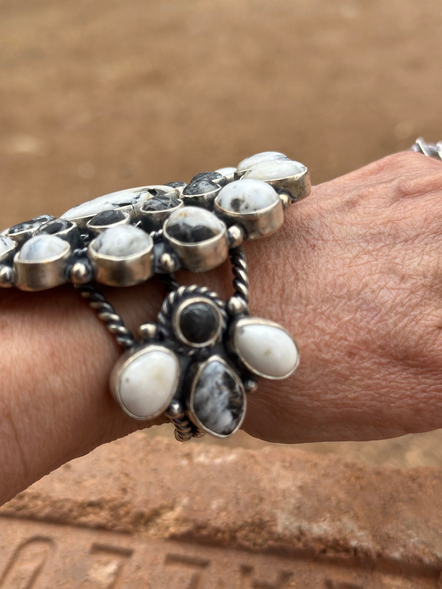 Handcrafted White Buffalo & Sterling Silver Cluster Cuff Bracelet