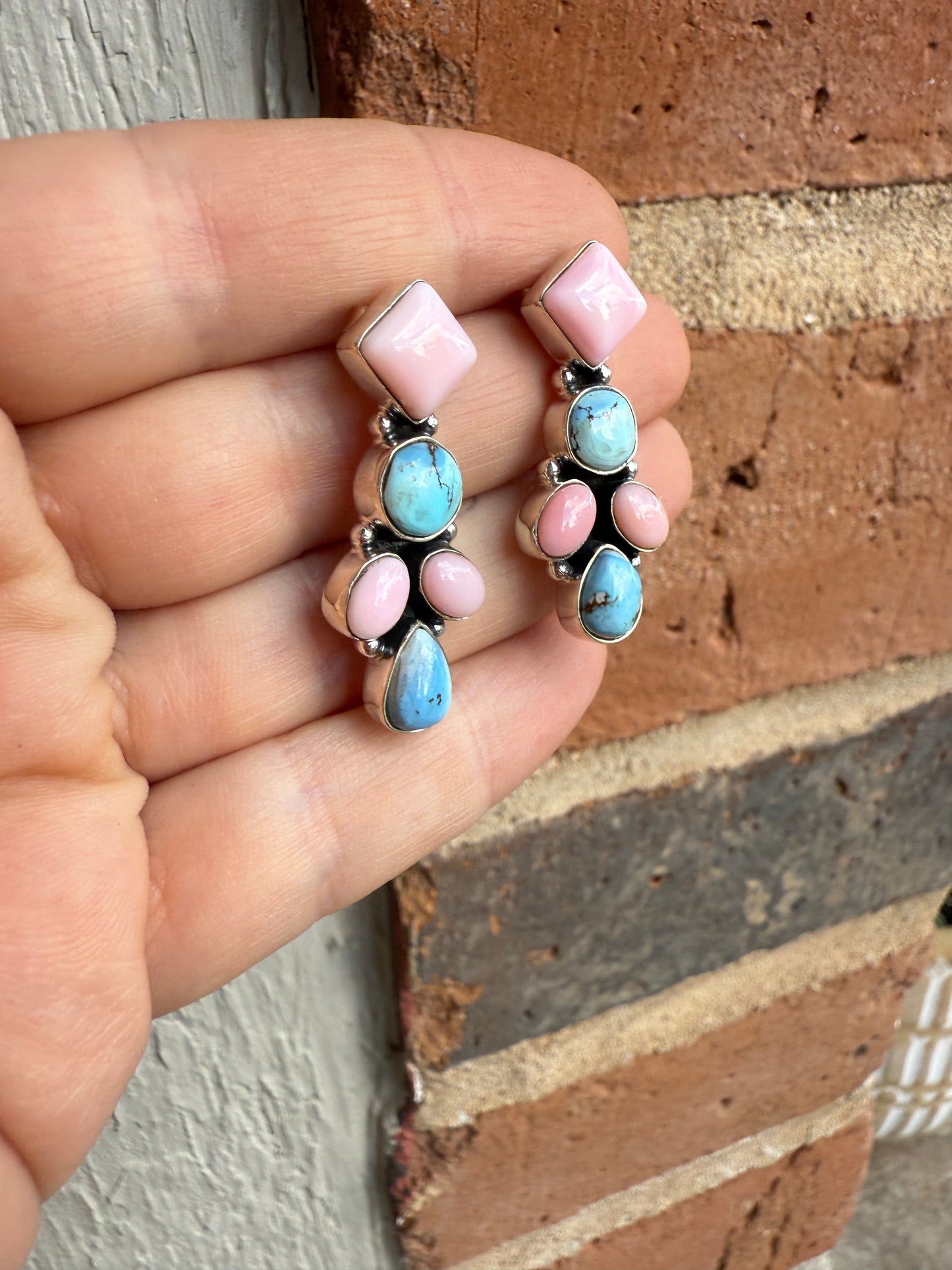 Handmade Natural Golden Hills Turquoise, Pink Conch and Sterling Silver Earring style 3