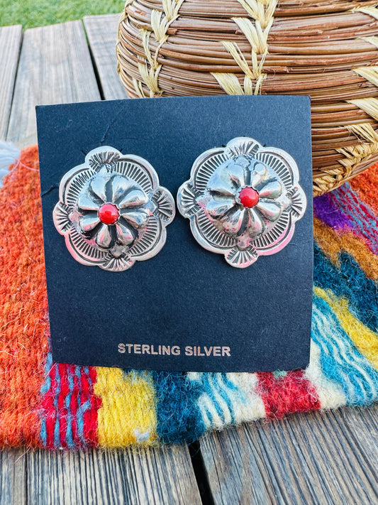 Handcrafted Coral & Sterling Silver Concho Post Earrings