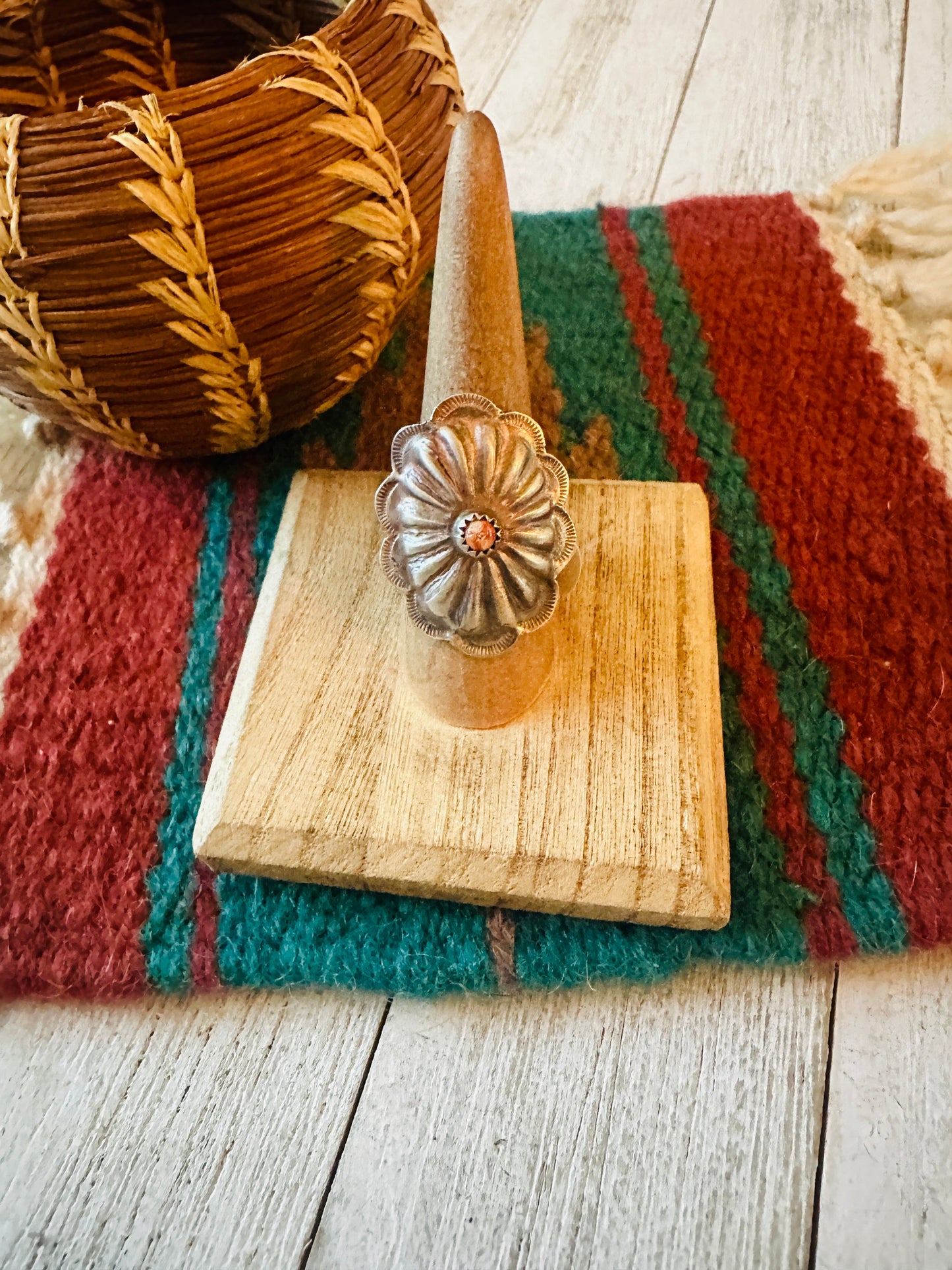 Handcrafted Sterling Silver & Orange Spiny Concho Ring