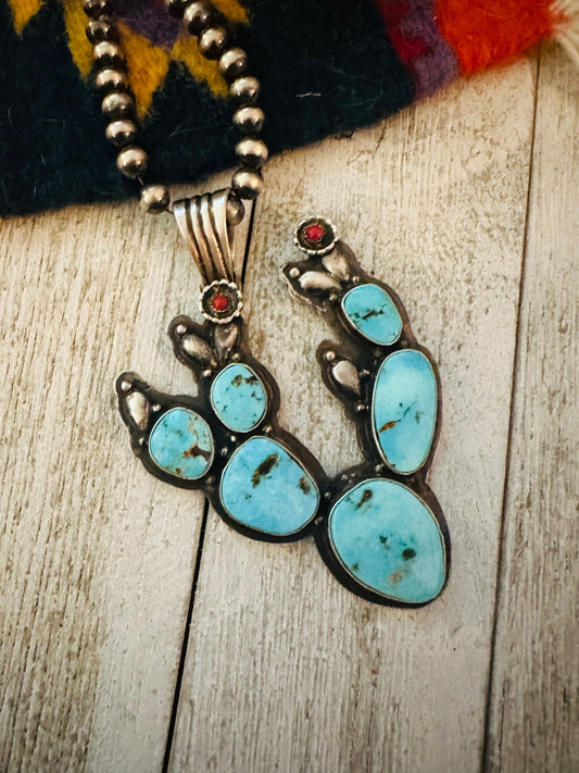 Handcrafted Turquoise, Coral and Sterling Silver Cactus Pendant