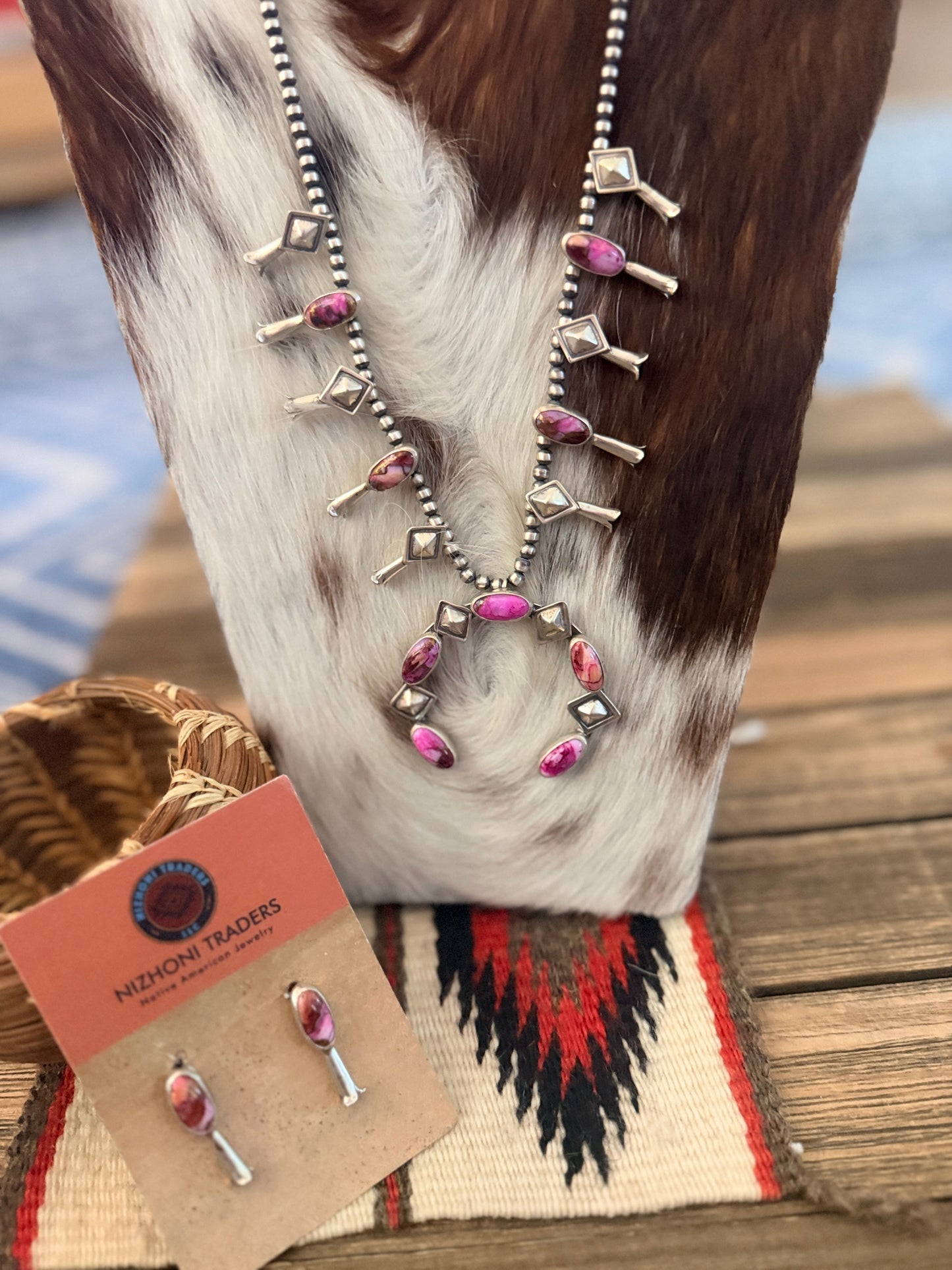 Handcrafted Pink Mojave & Sterling Silver Squash Blossom Necklace and Earring Set