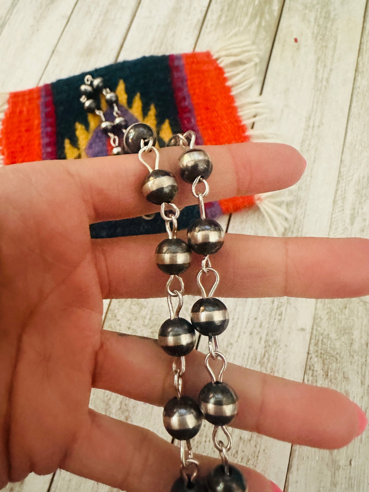 Handcrafted Sterling Silver Beaded Rosary Style Necklace 8mm