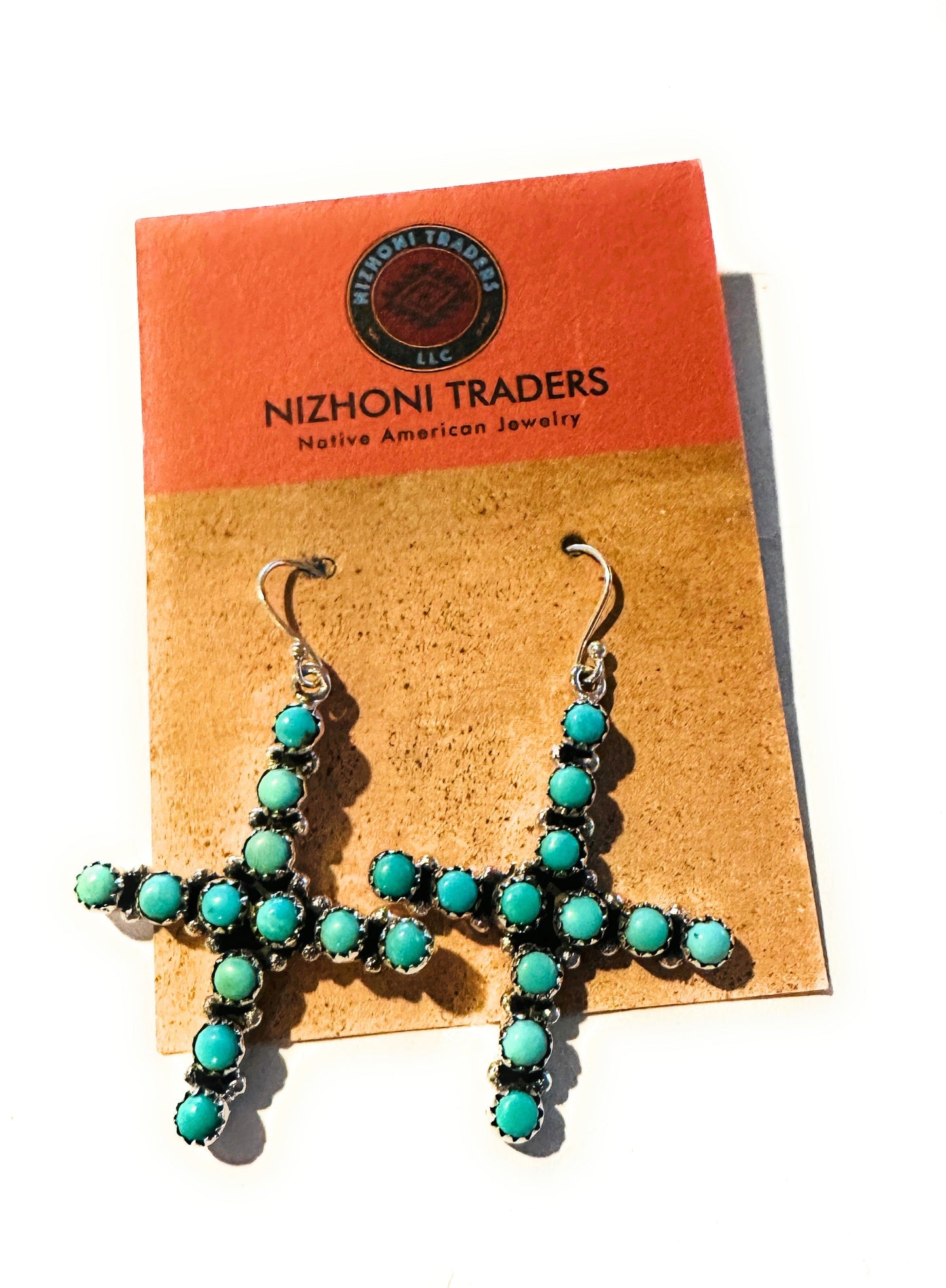 Handmade Turquoise & Sterling Silver Cross Dangle Earrings Signed Nizhoni