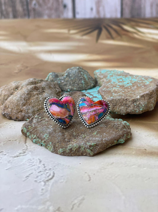Handmade Pink Dream Mojave and Sterling Silver Heart Earrings Signed Nizhoni