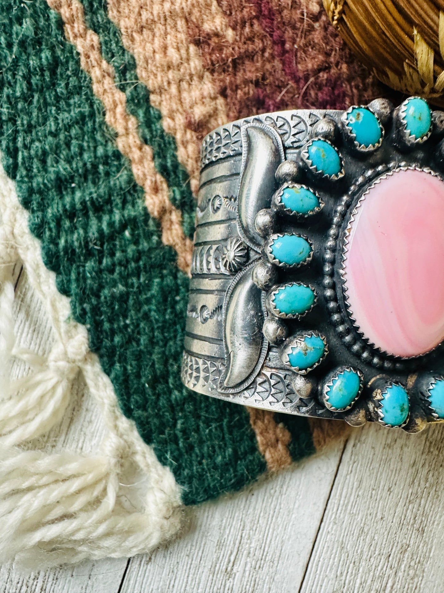 Sterling Silver, Turquoise & Queen Pink Conch Cuff Bracelet /