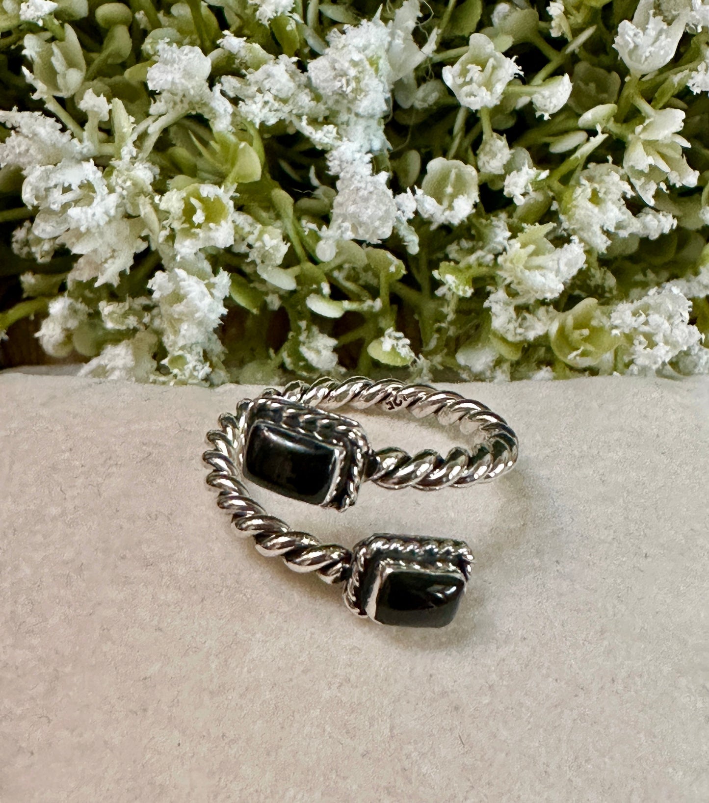 Black Onyx 2 Stone & Sterling Silver Adjustable Ring✅