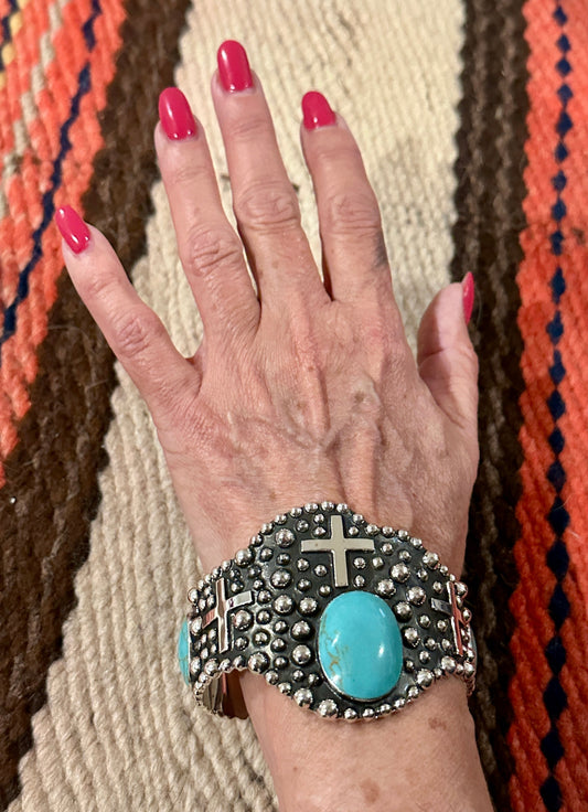 Turquoise Cross Cuff Sterling Silver Bracelet