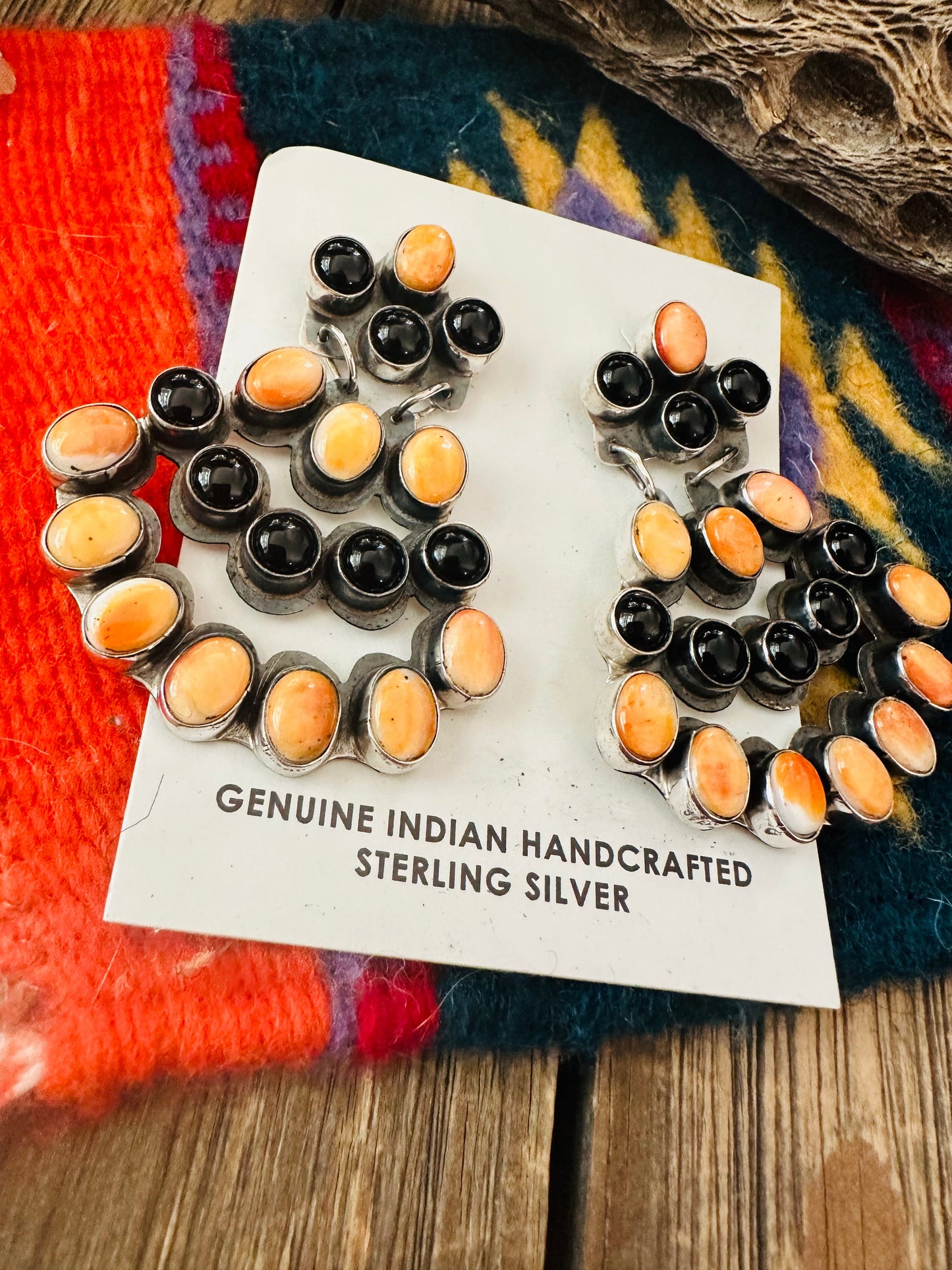Handcrafted Onyx, Orange Spiny & Sterling Silver Cluster Dangle Earrings