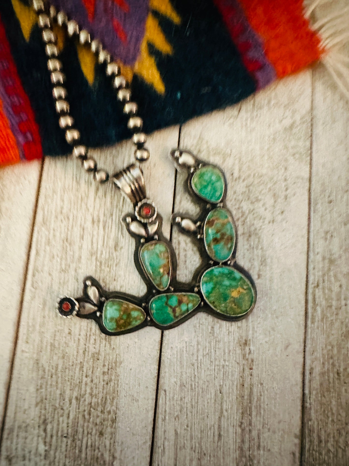 Handcrafted Turquoise, Coral and Sterling Silver Cactus Pendant