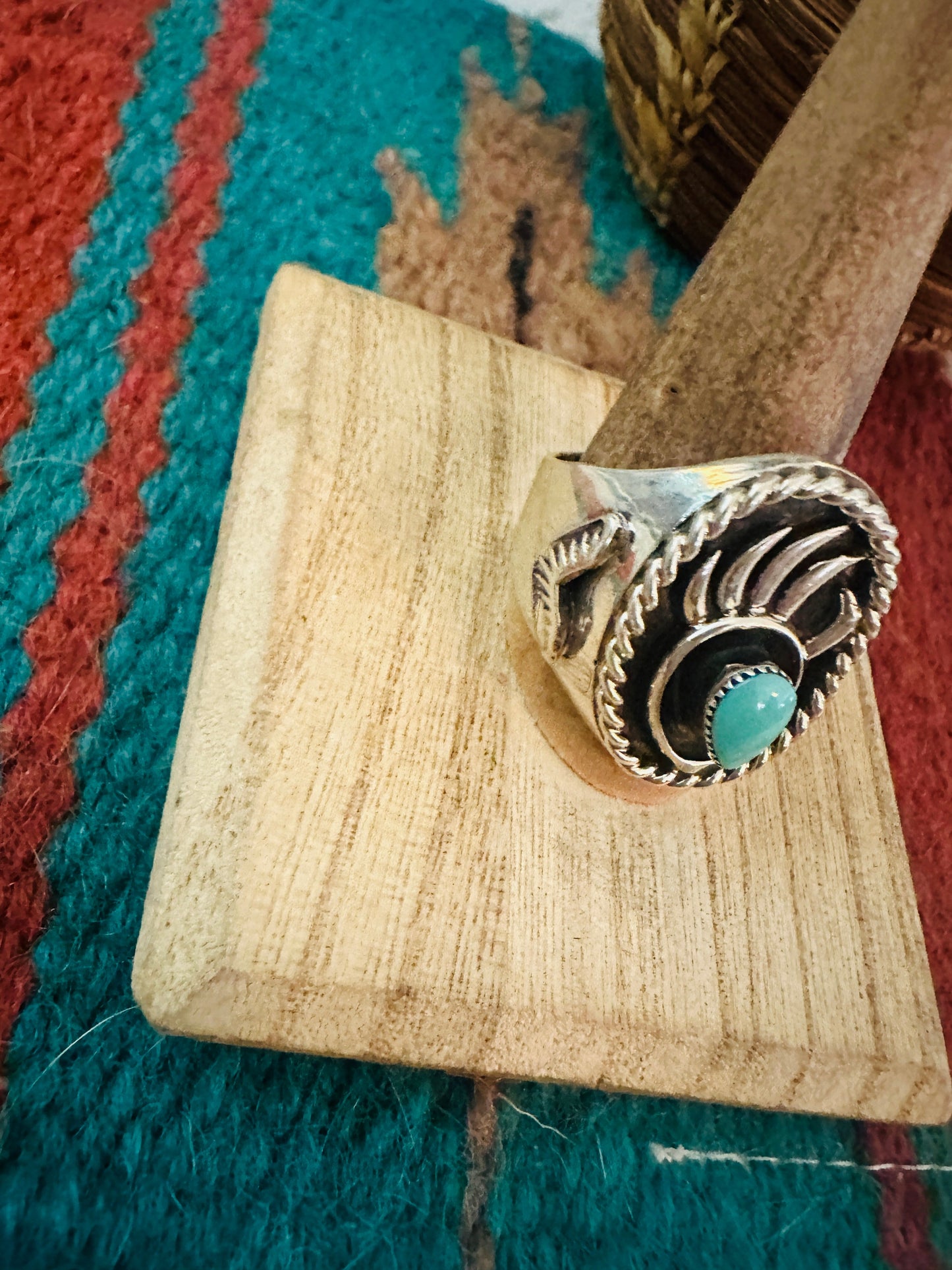 Handcrafted Turquoise & Sterling Silver Bear Paw Cigar Band Ring Size 11