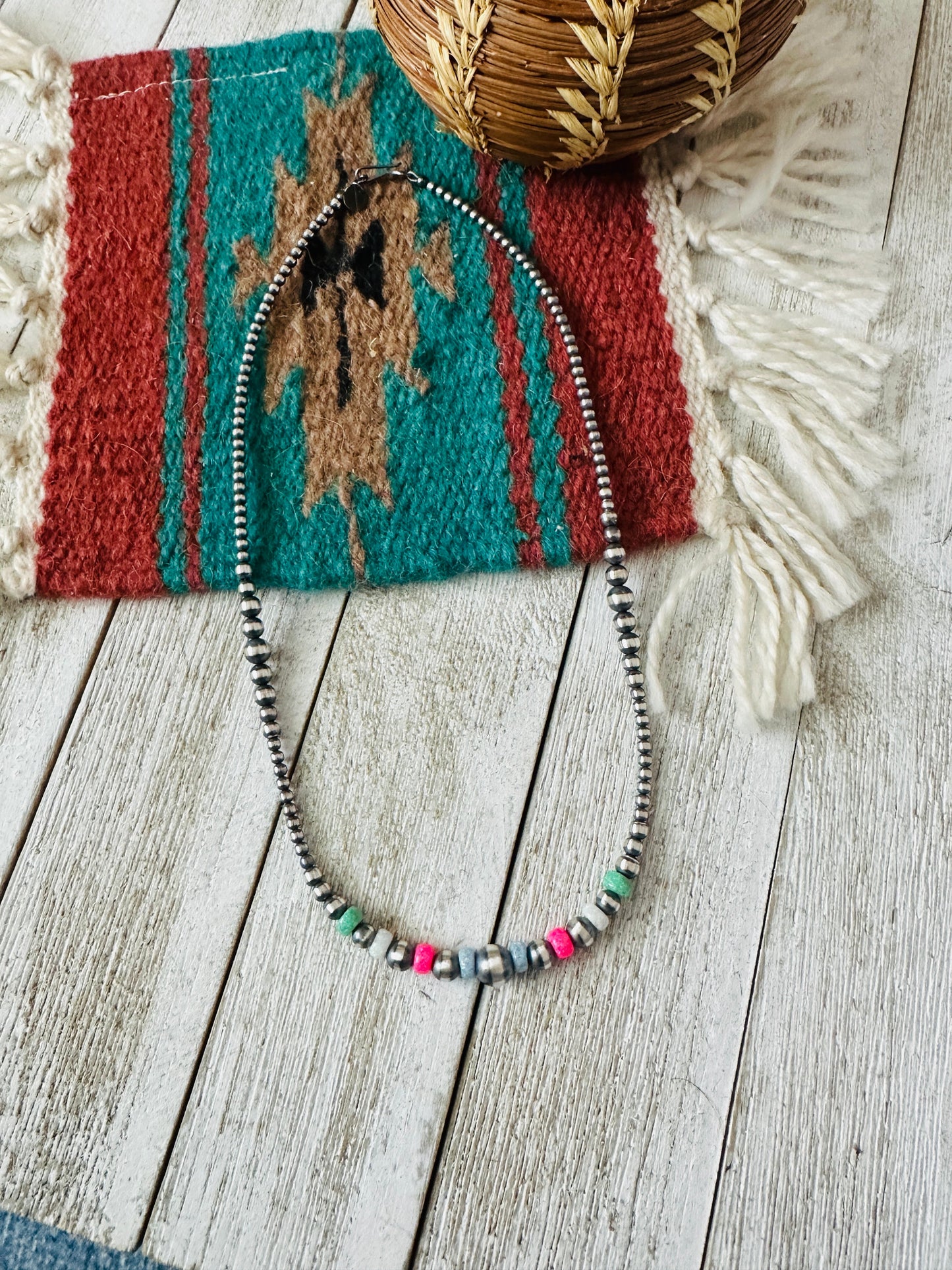 Handcrafted Sherbet Opal & Sterling Silver Beaded Necklace 18”