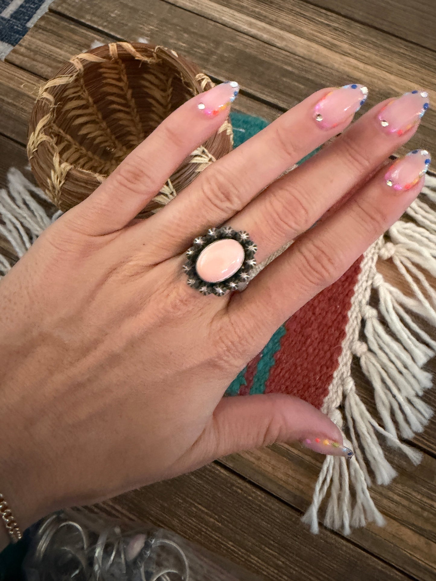 Handcrafted Queen Pink Conch & Sterling Silver Adjustable Ring