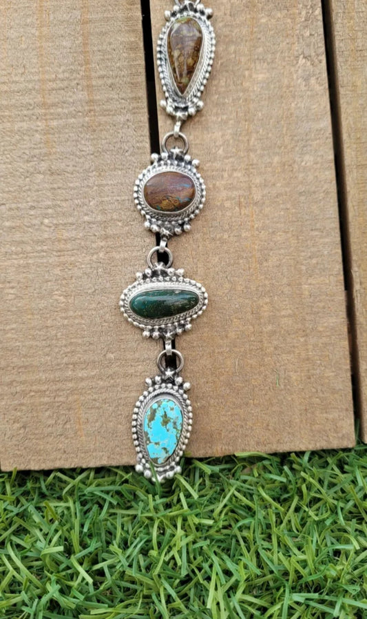 Handcrafted Sterling Silver & Multi Turquoise Lariat Necklace Set by Kee Johnson
