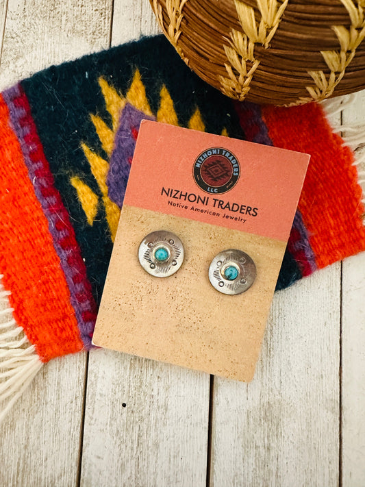 Handcrafted Hand Stamped Sterling Silver & Turquoise Concho Stud Earrings