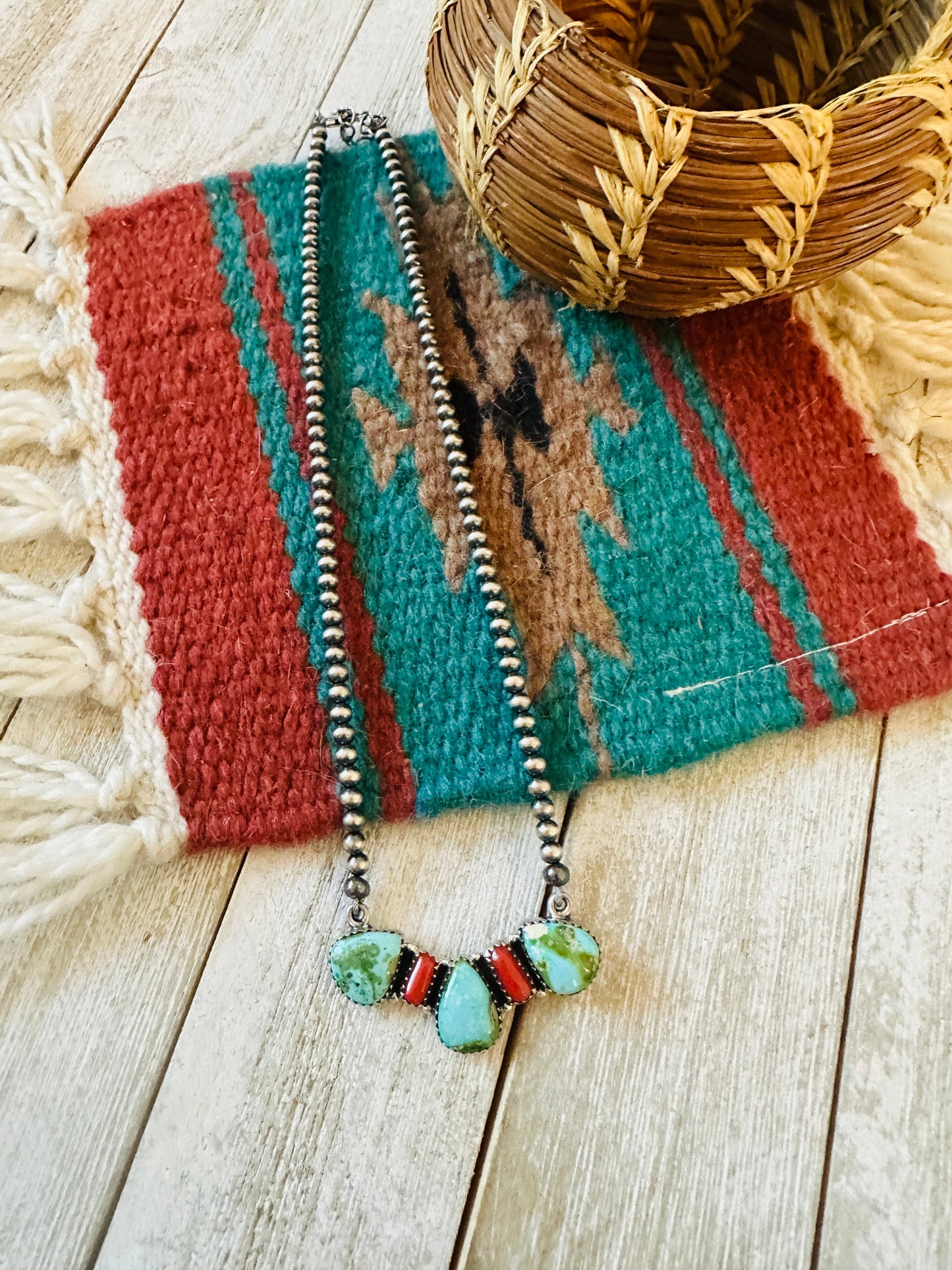 ** Christmas Collection ** Handmade Sterling Silver, Turquoise & Coral Necklace Signed Nizhoni
