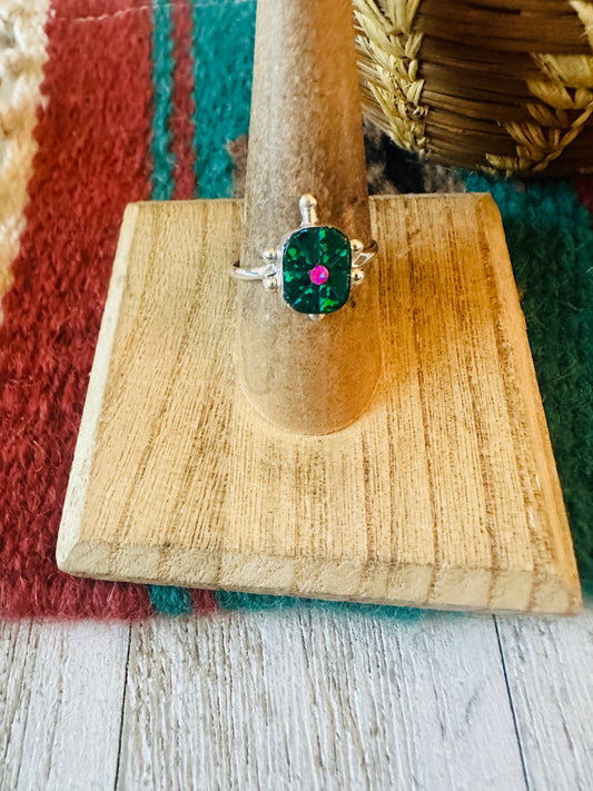 Handcrafted Sterling Silver & Green and Pink Opal Turtle Ring Size 8.5