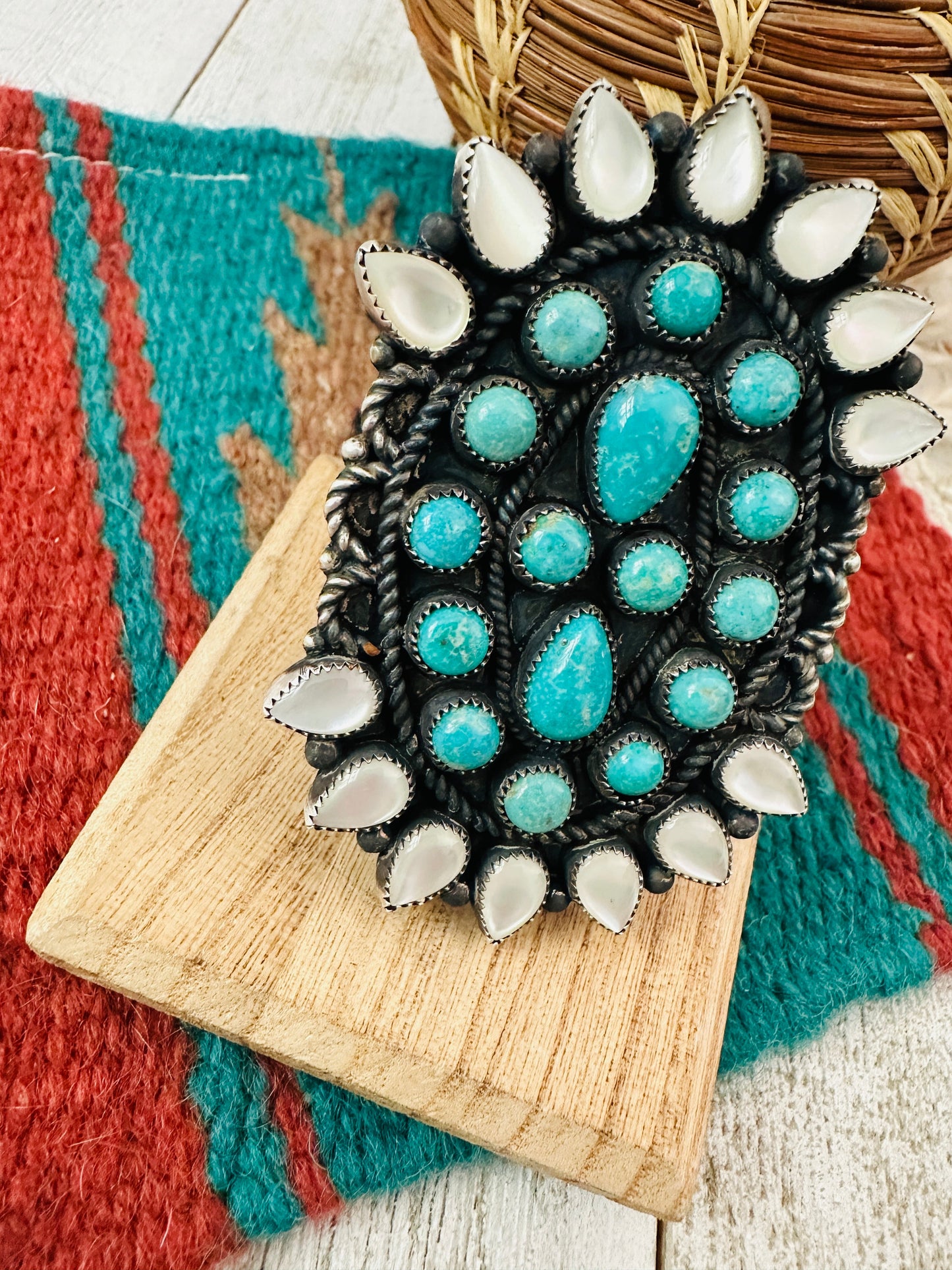 Handcrafted Sterling Silver, Turquoise & Mother of Pearl Cluster Ring Size 8.5
