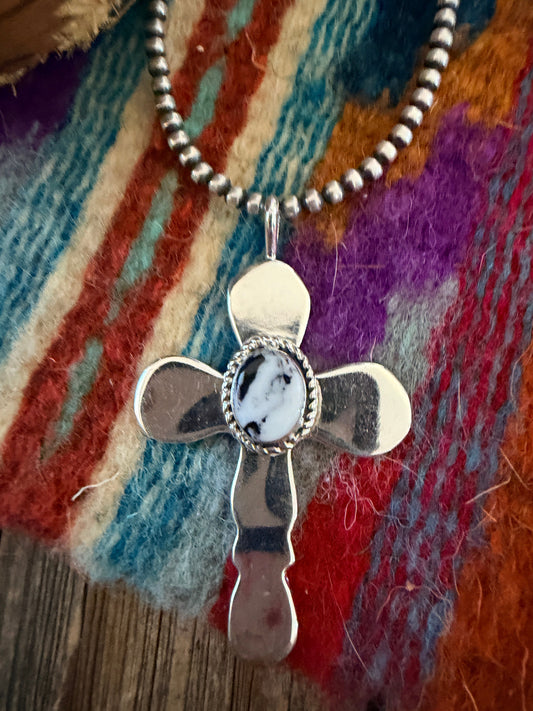Handcrafted Sterling Silver & White Buffalo Cross Pendant by Joseph Martinez