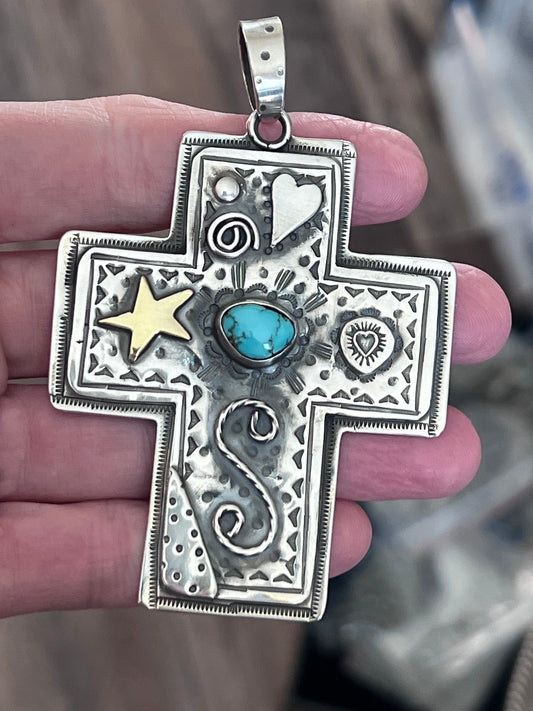 Hand Stamped Sterling Silver & Turquoise Cross Pendant by Kimari Somers