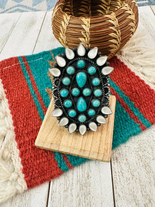 Handcrafted Sterling Silver, Turquoise & Mother of Pearl Cluster Ring Size 8.5