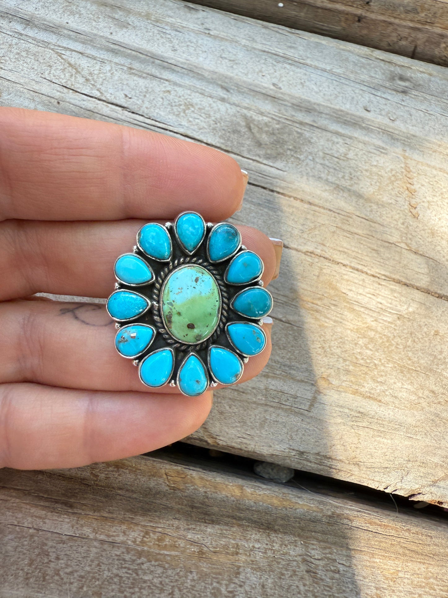 Handmade Sterling Silver Sonoran Mountain Turquoise, Blue Bird Turquoise Adjustable Ring with Signed Nizhoni